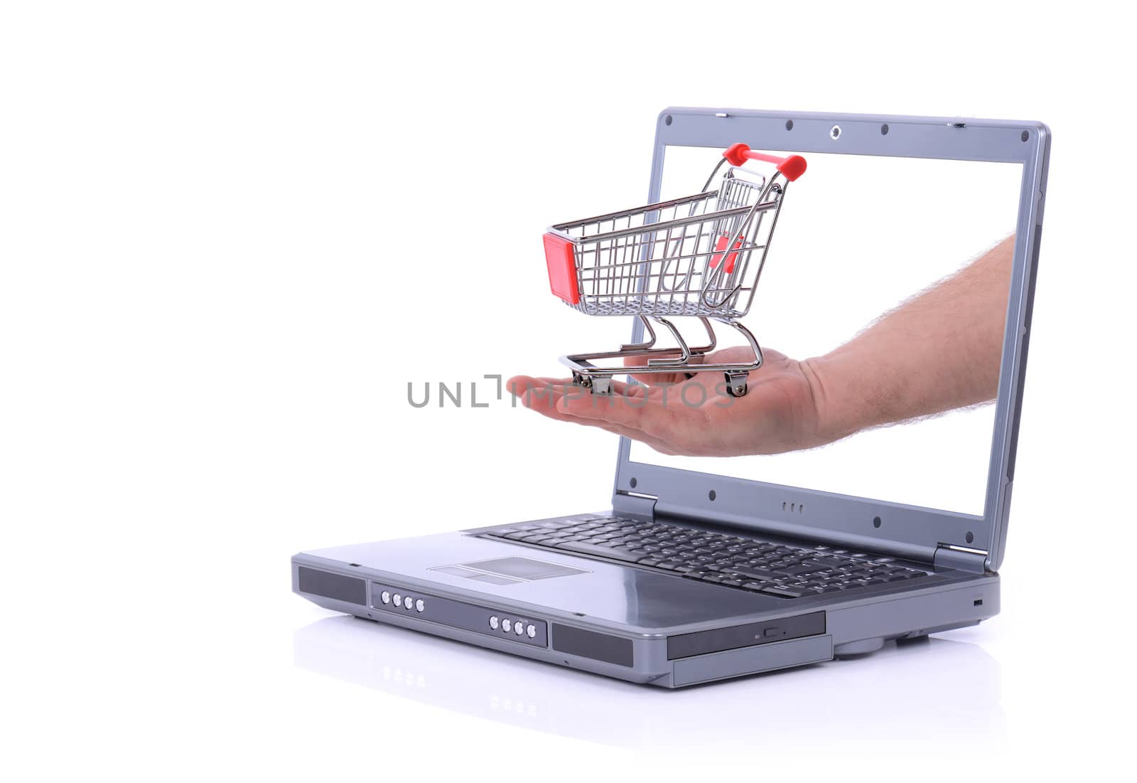 concept of internet shopping hand holding shopping cart