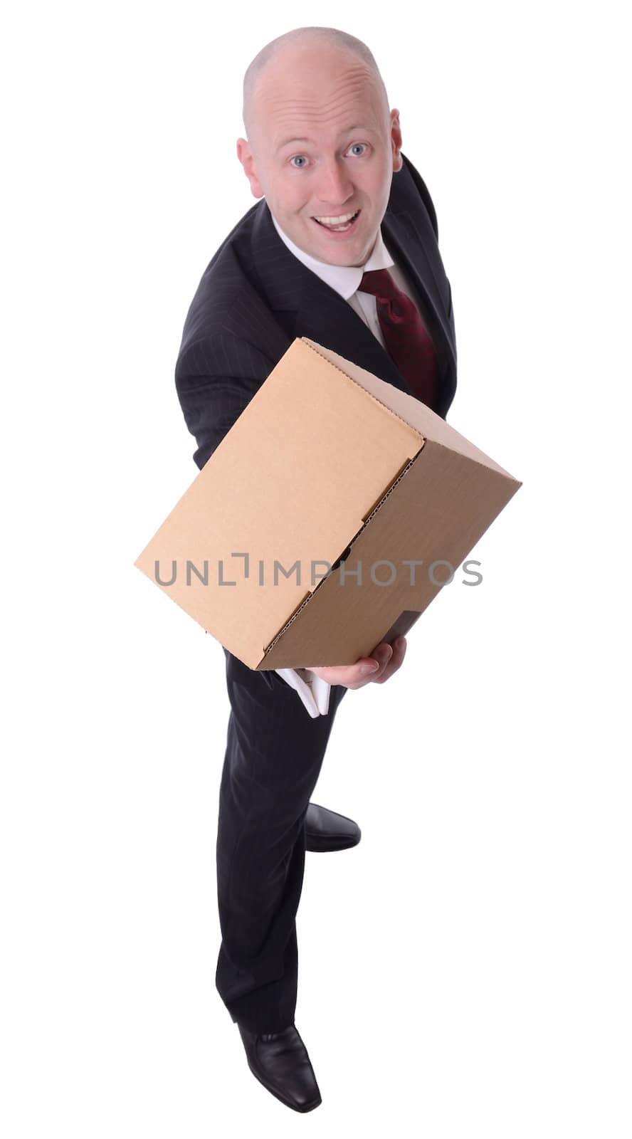 businessman offering a parcel isolated on white