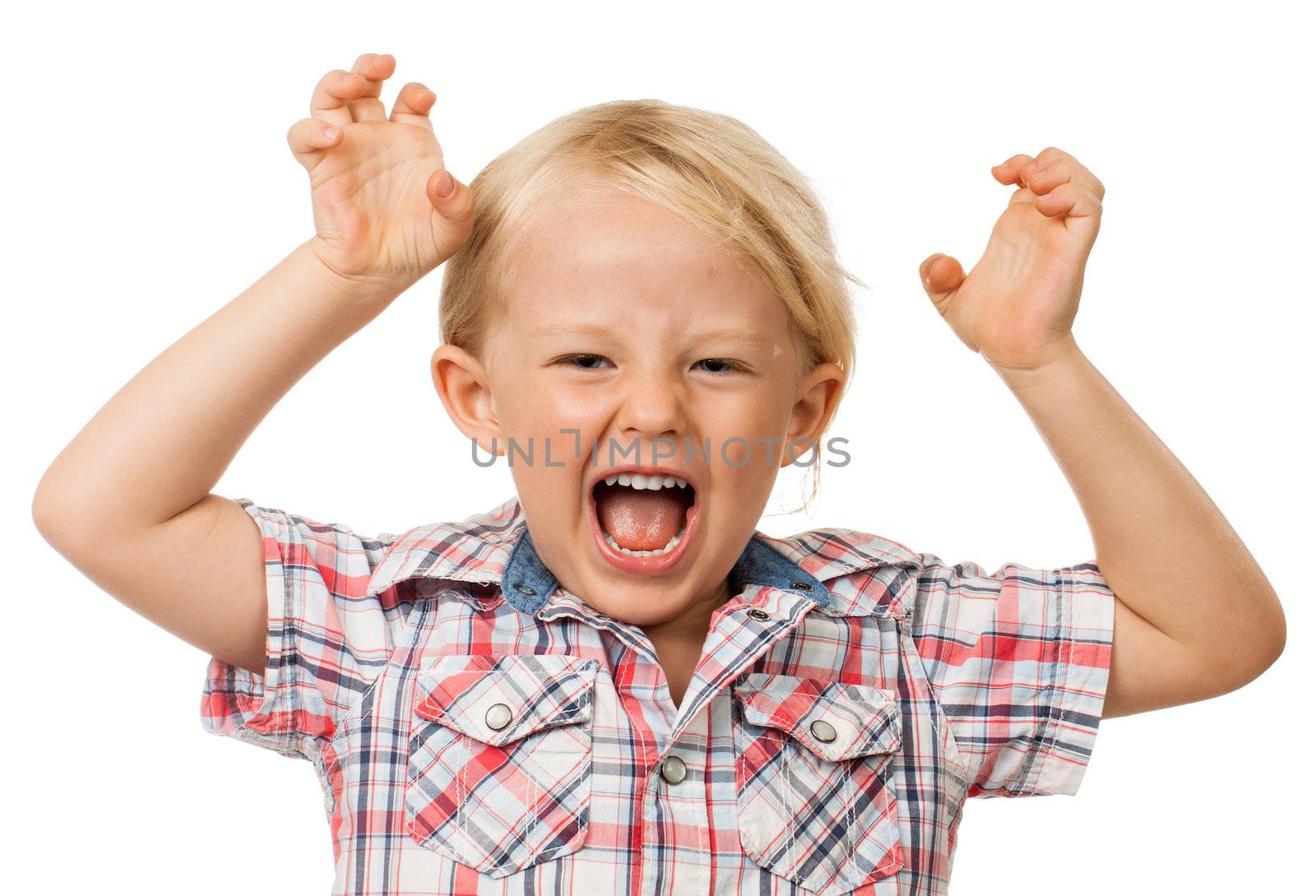 A angry hyperactive young boy screaming. Isolated on white.