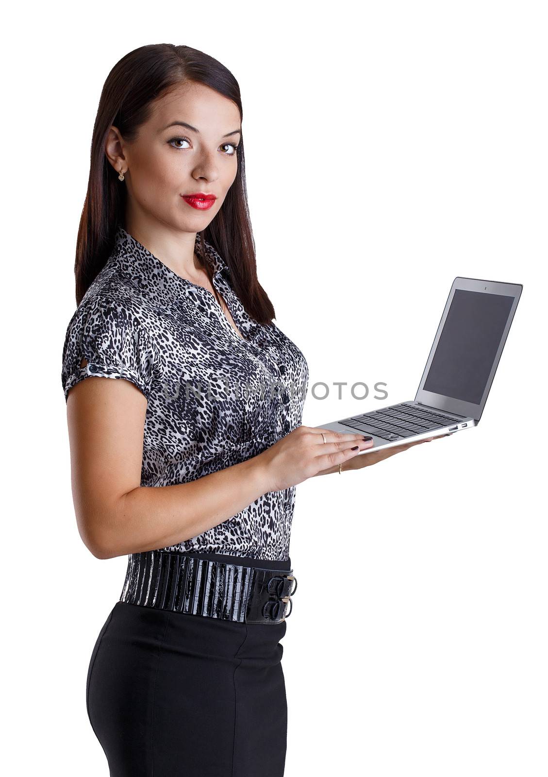 Girl with laptop isolated on white background