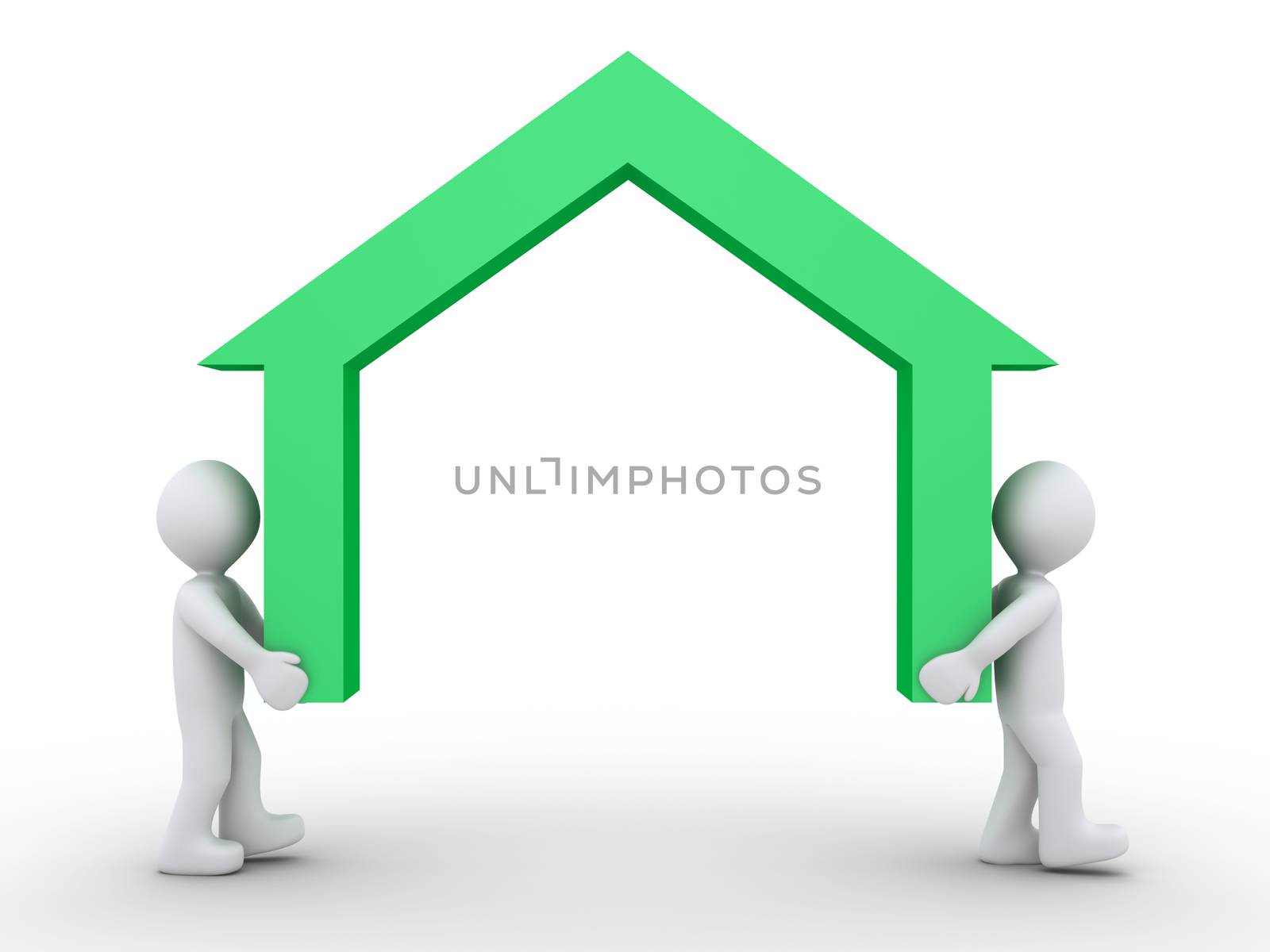 Two 3d people are carrying a house symbol