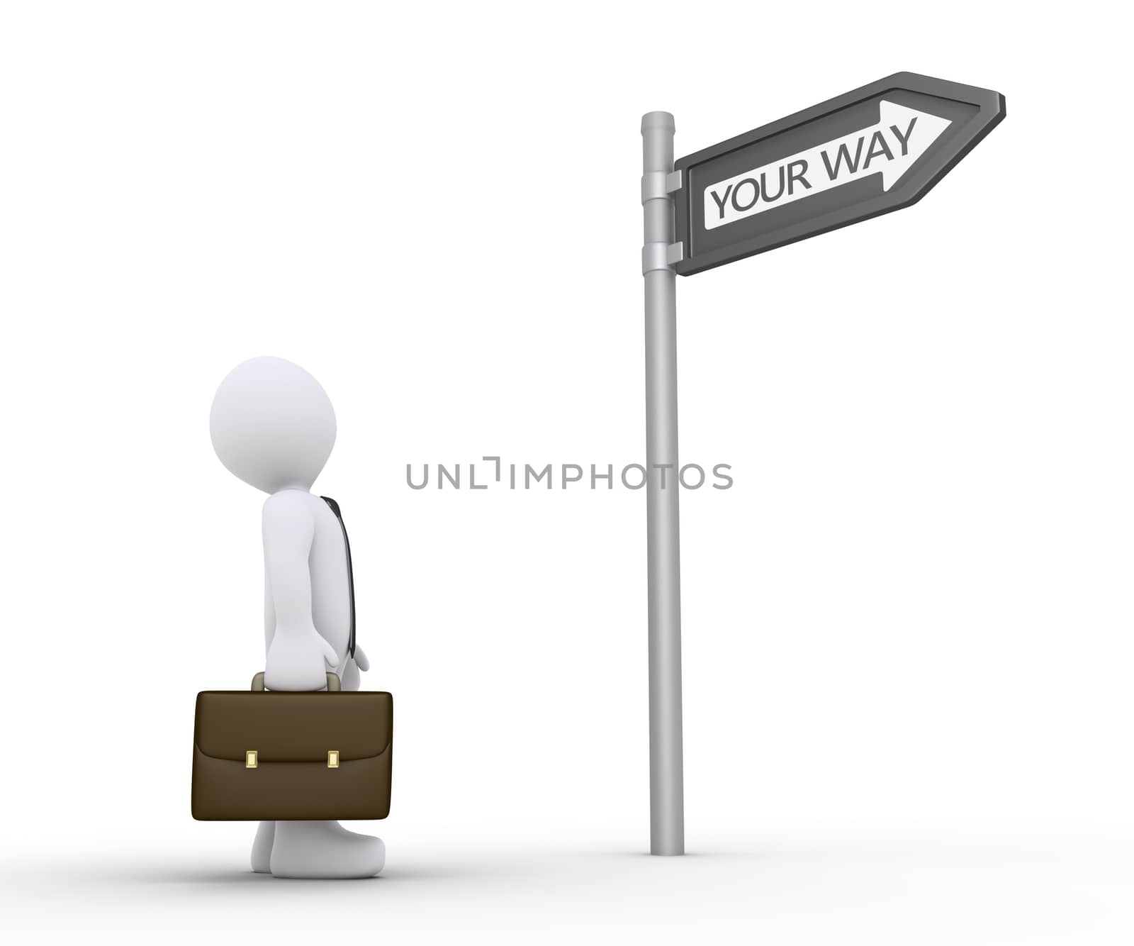 3d businessman is looking up at sign to find his own path