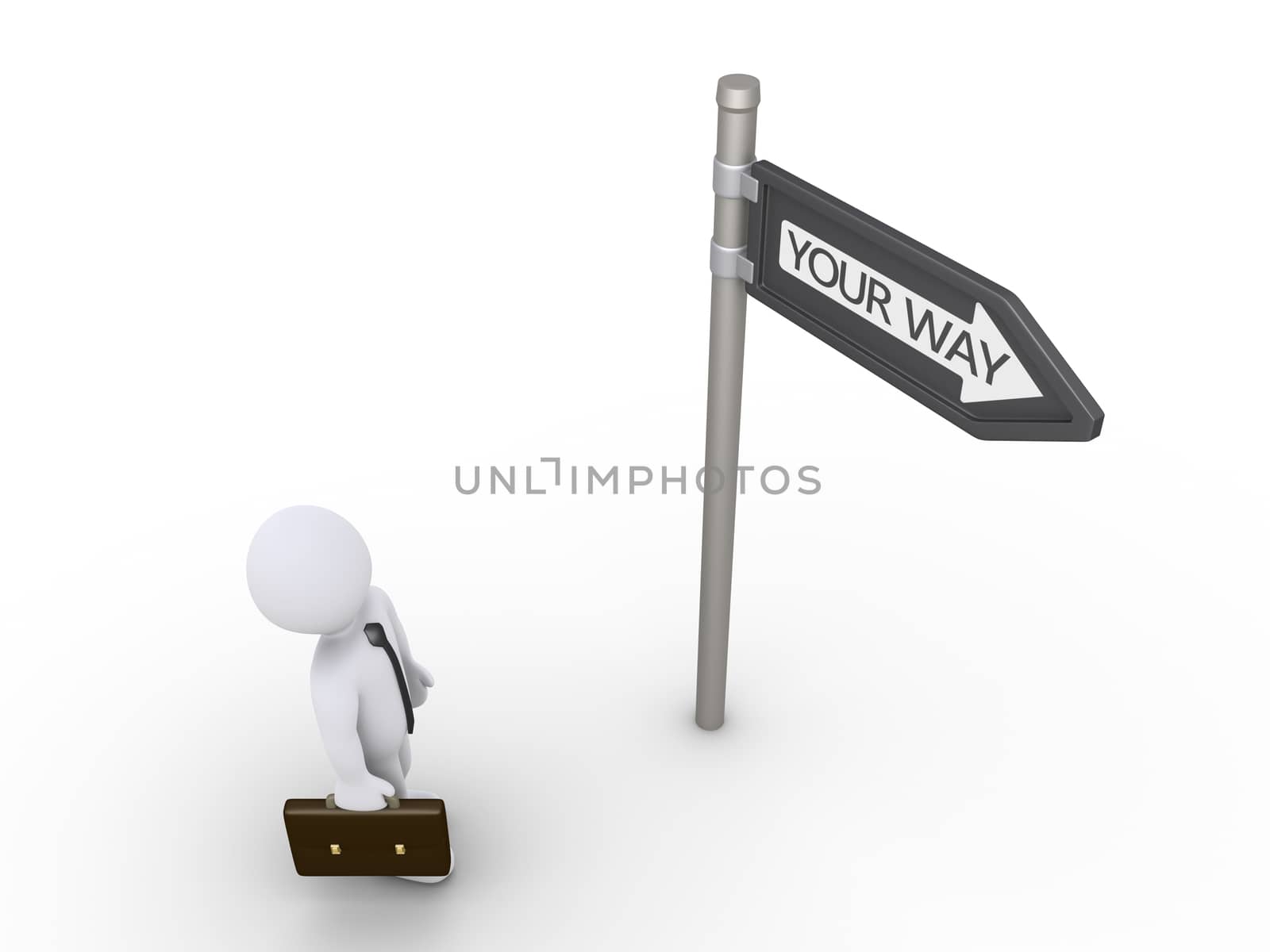 3d businessman is looking up at sign to find his path