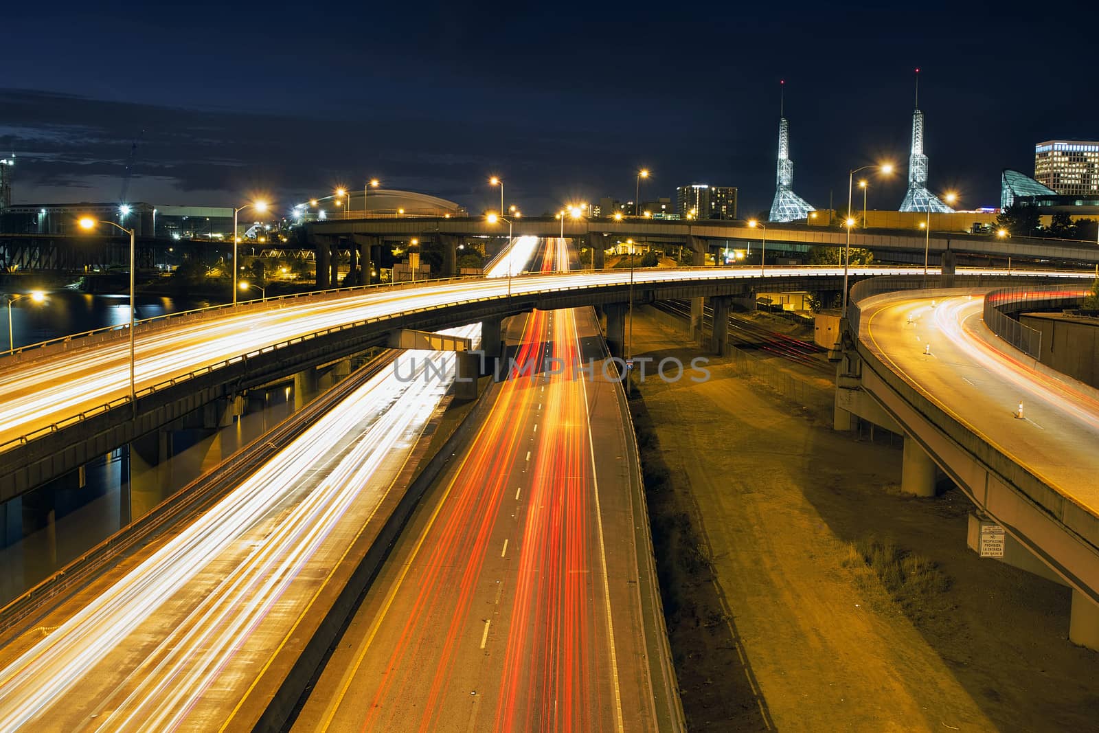 Interstate Freeway Light Trails Through Portland Oregon City Along Willamette River at Blue Hour