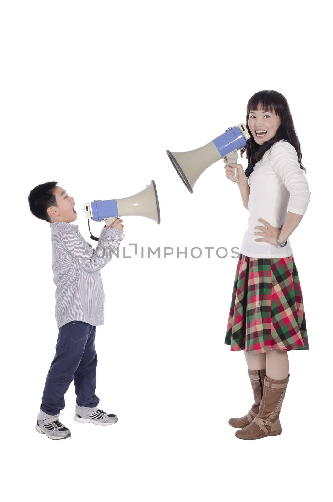 Mother and child using megaphone