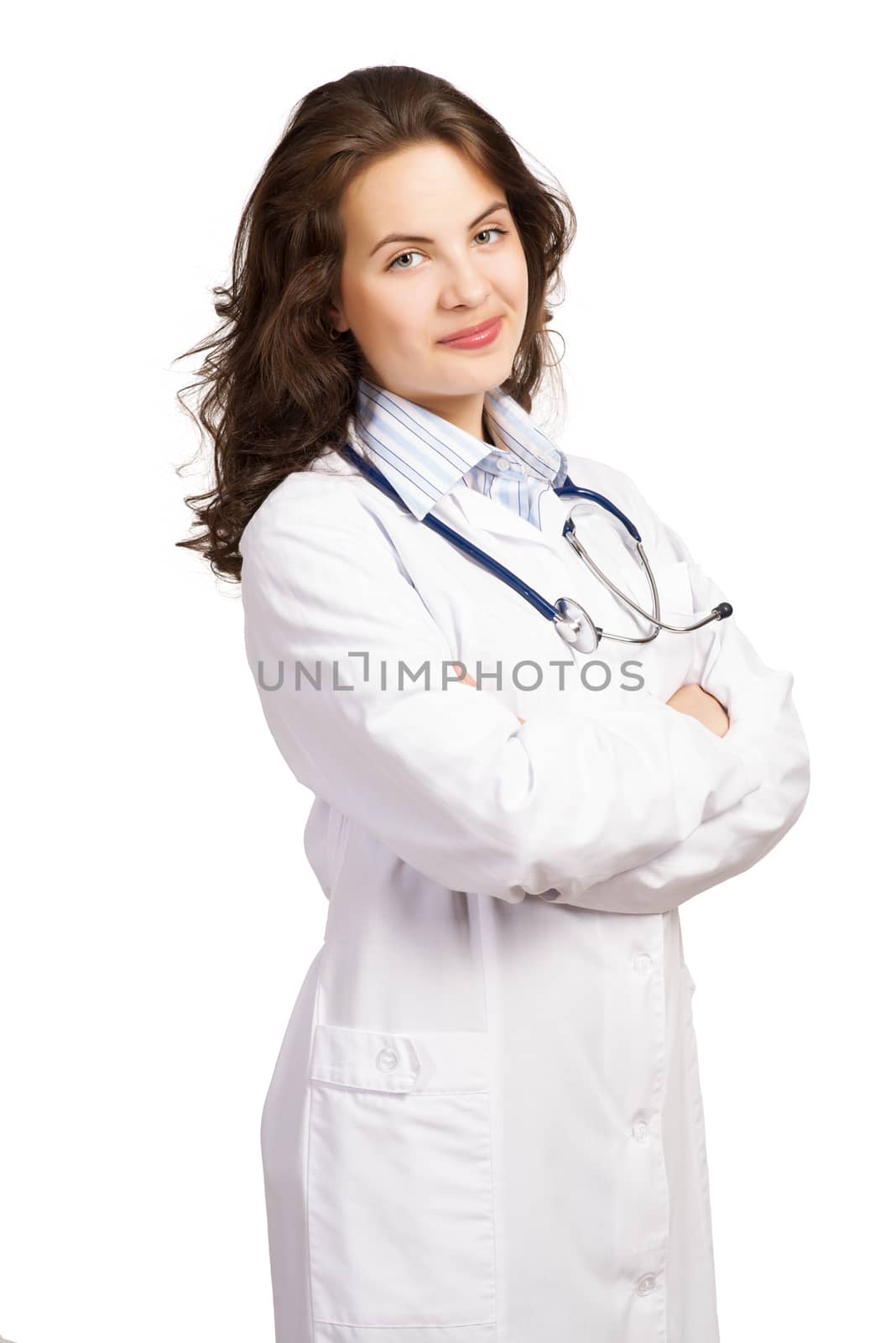 woman doctor, crossed her arms and smiles, isolated on white background