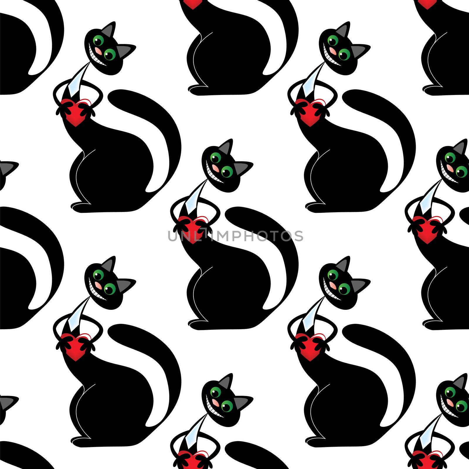 white seamless pattern with black cat with heart
