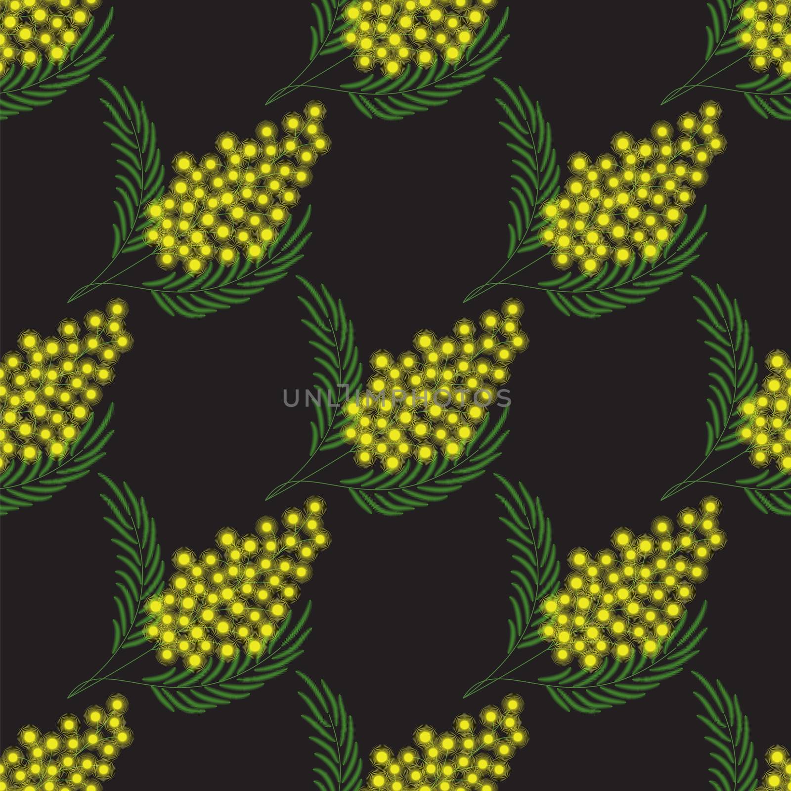 black seamless pattern with yellow mimosa