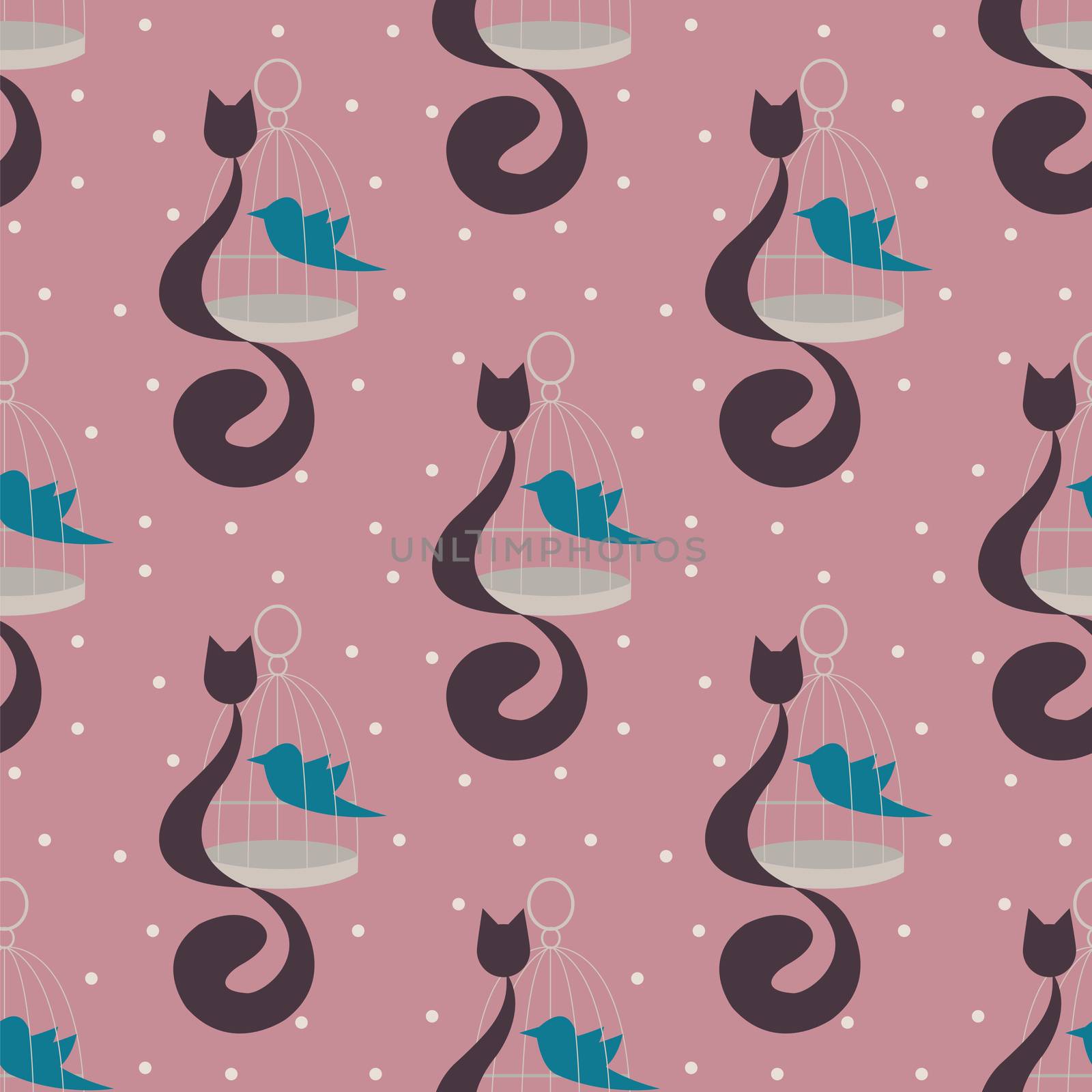 seamless pattern with cat with cage and the blue bird