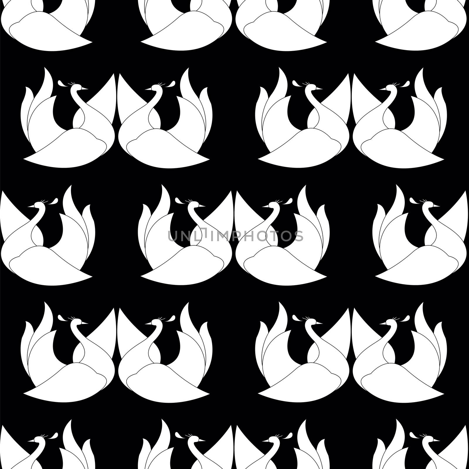 seamless pattern with white swan on black background