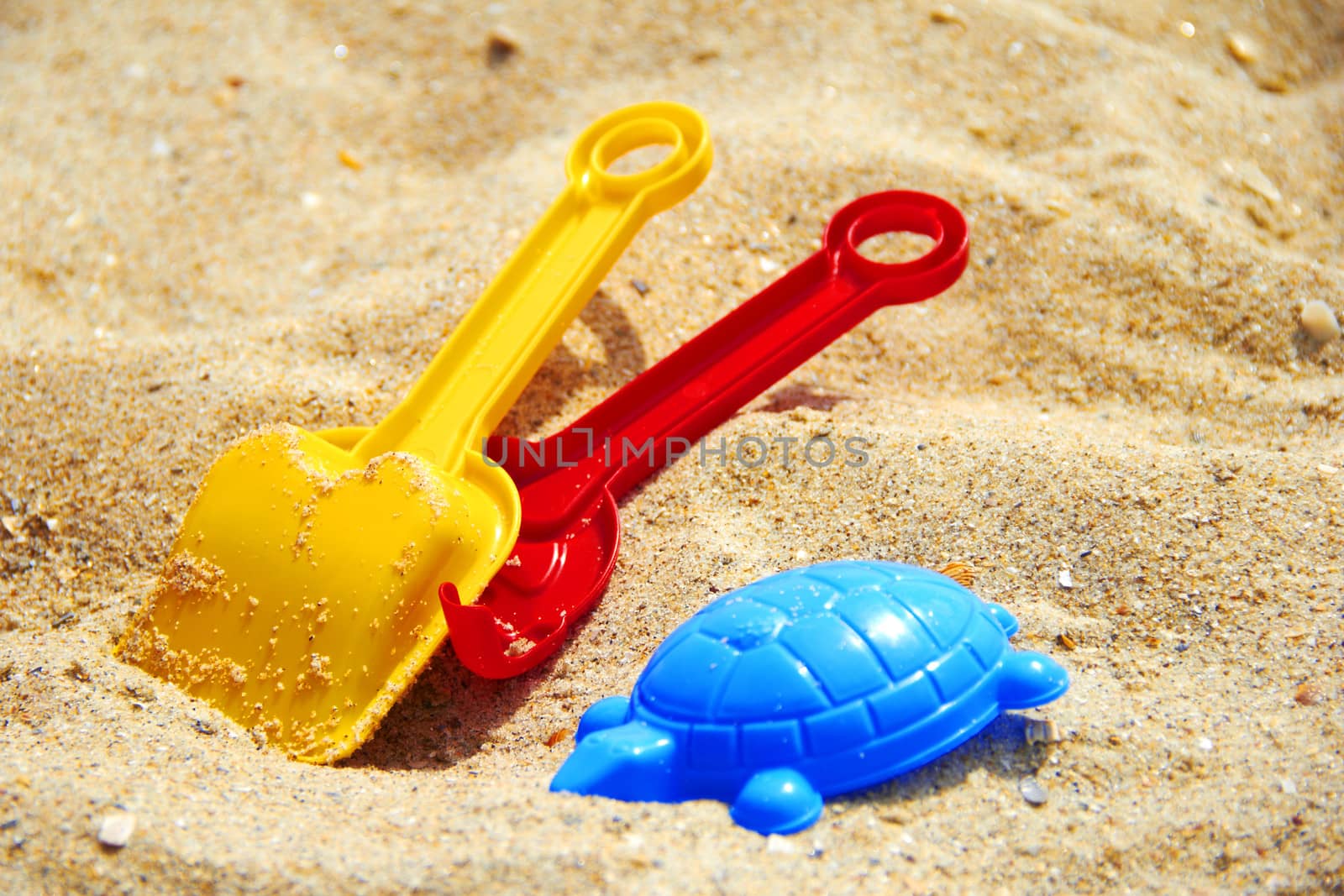 shovel and rake in the sand on the beach