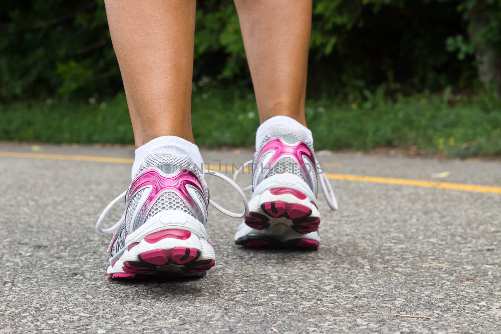 Running shoes close-up.  Female runner.