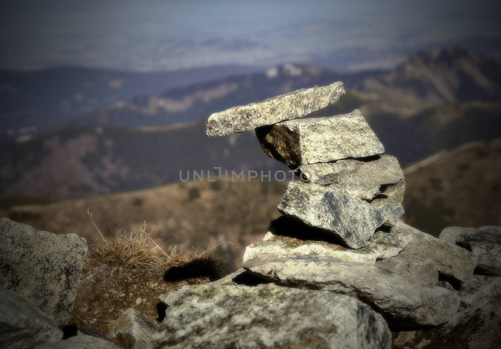 landscape in the background on the front and stone little man