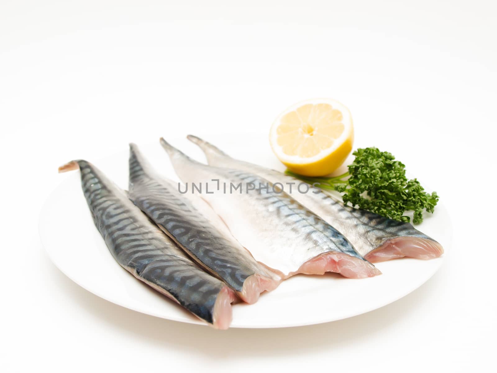 Raw mackerel fish filet with half a lemon and parsley on white plate