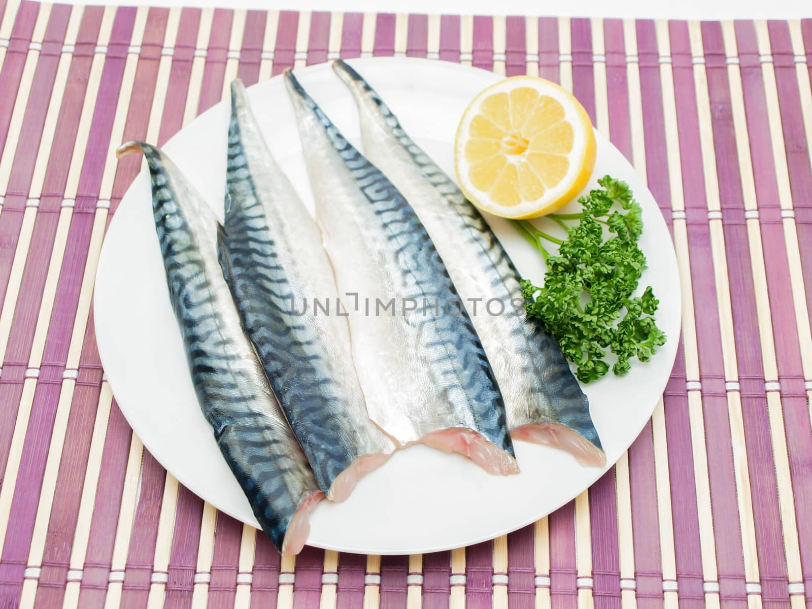 Raw mackerel fish filet by Arvebettum