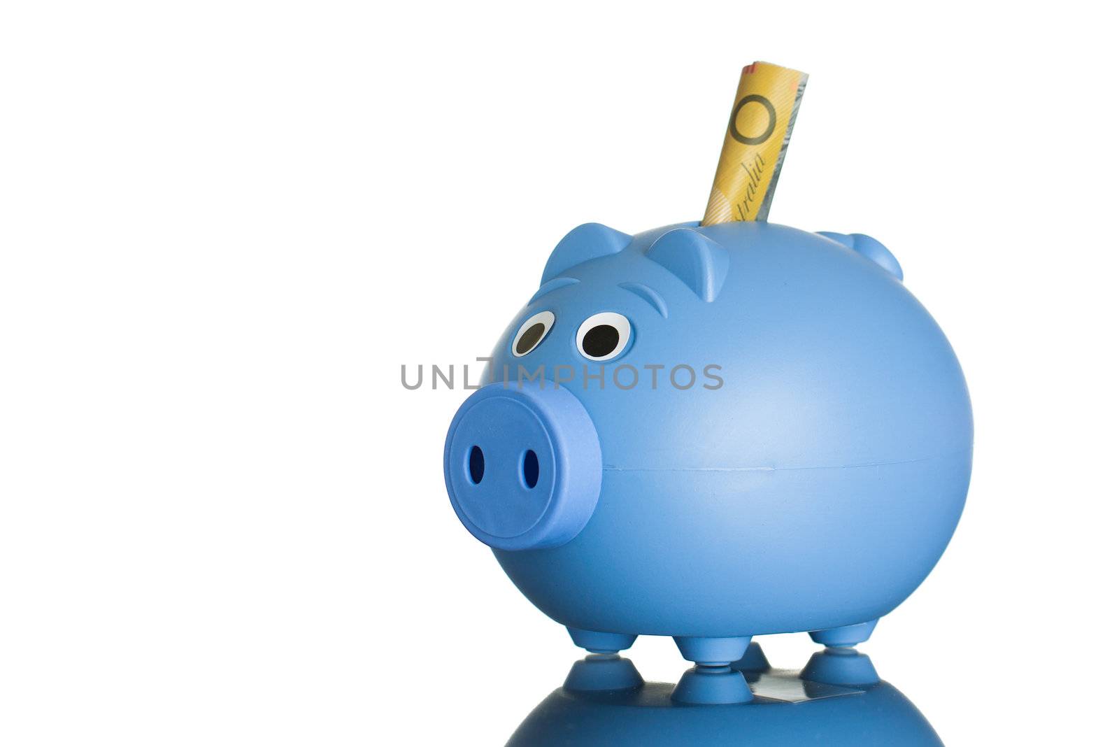 Blue piggy bank with Australian dollars by Jaykayl
