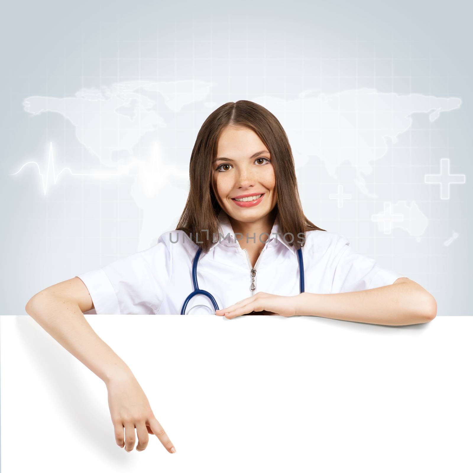 Young attractive female doctor put her hands on the blank banner, points at a place for text