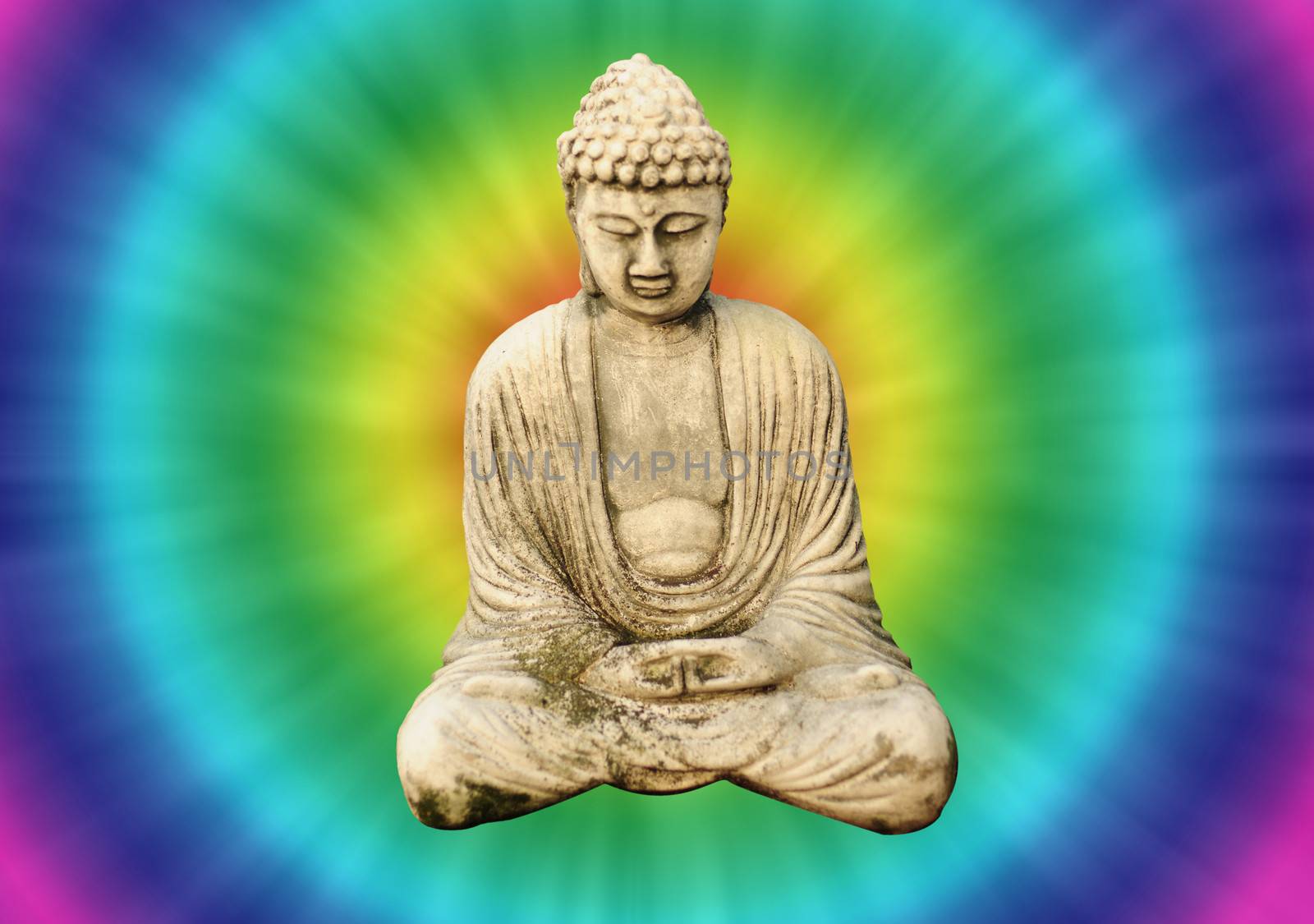 Buddha with retro or psychedelic background for enlightenment concept
