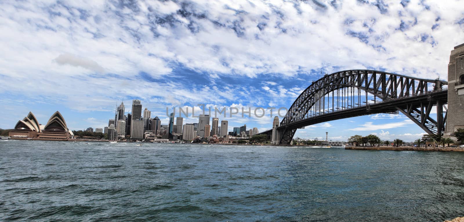 Sydney, Australia -January 26, 2013: Sydney Harbour Bridge, Opera House and City Buildings from North Sydney.  Focus to the Bridge.