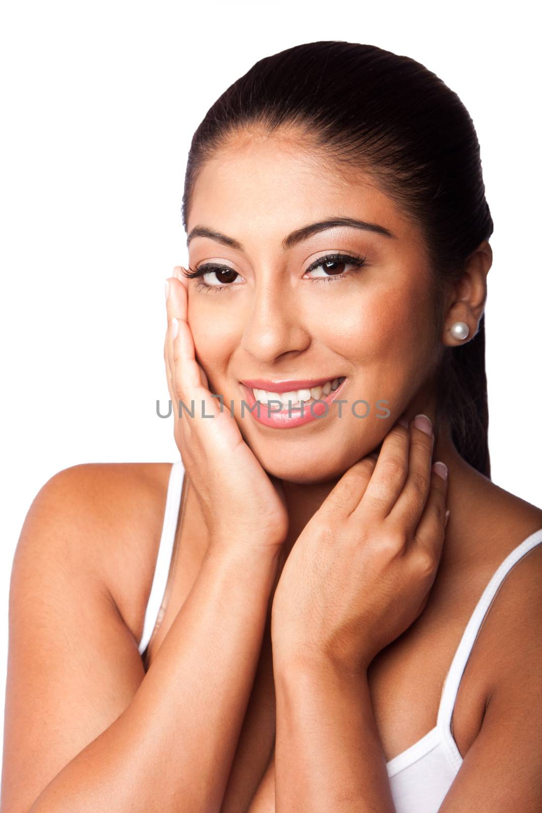 Happy smiling beautiful woman face with clean skin, isolated.