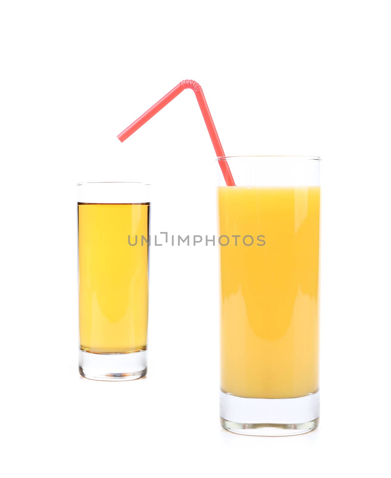 Two glasses of orange juice on white background