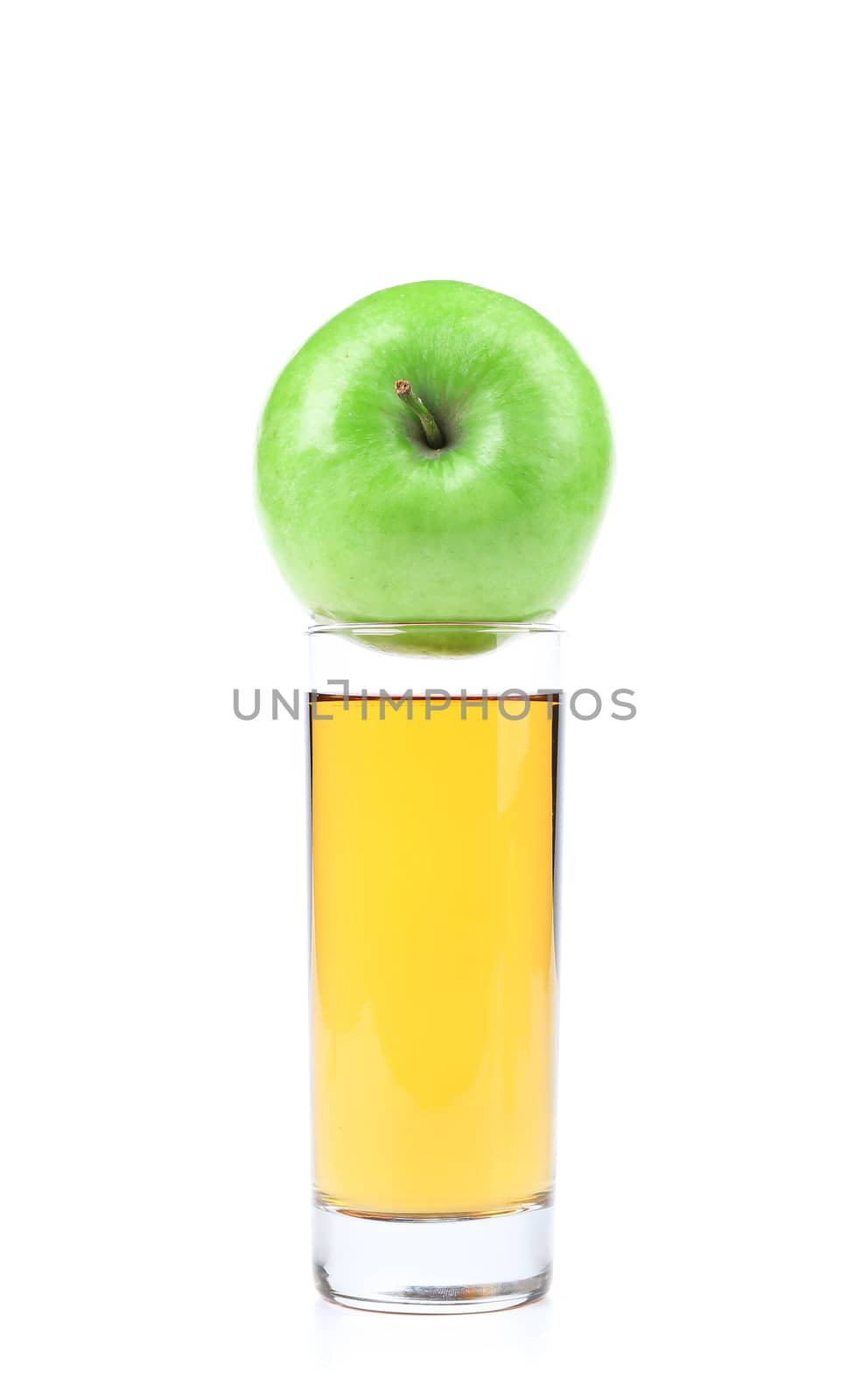 Green apple and juice . White background.