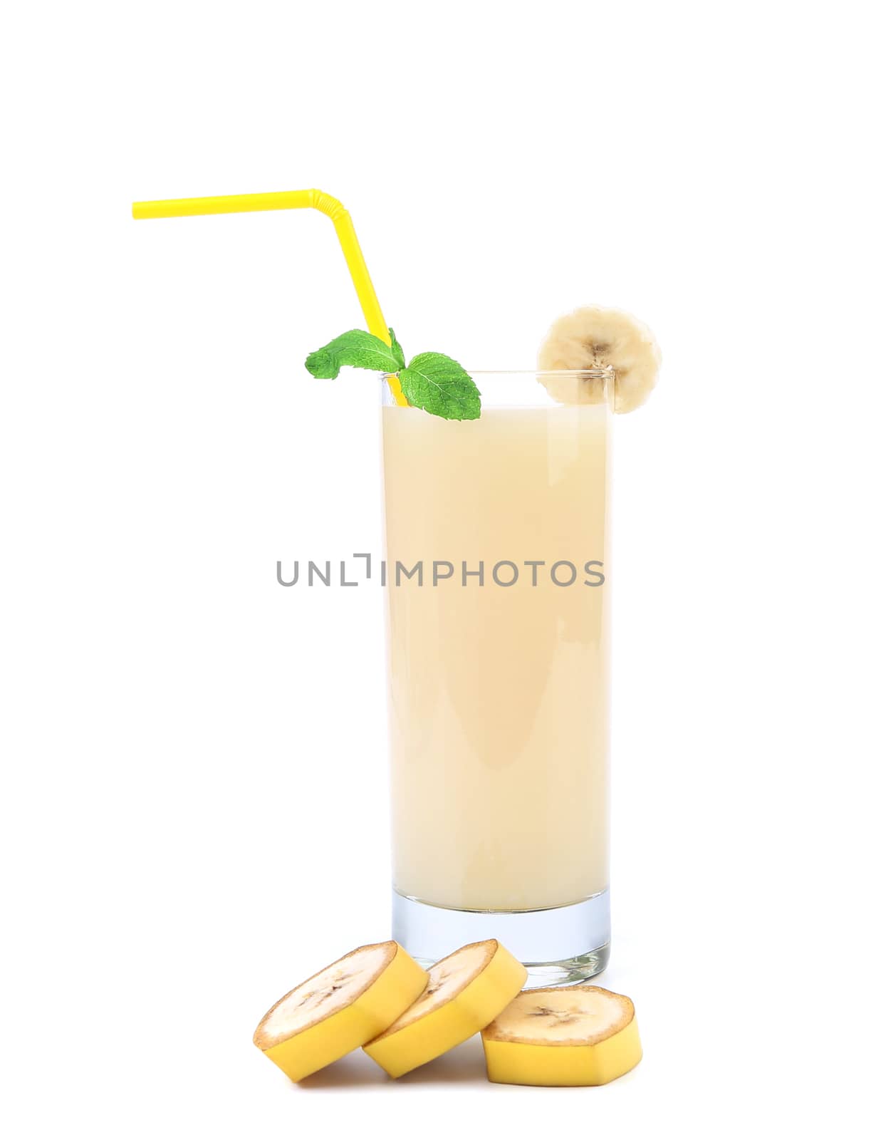Banana slices and juice isolated on a white background