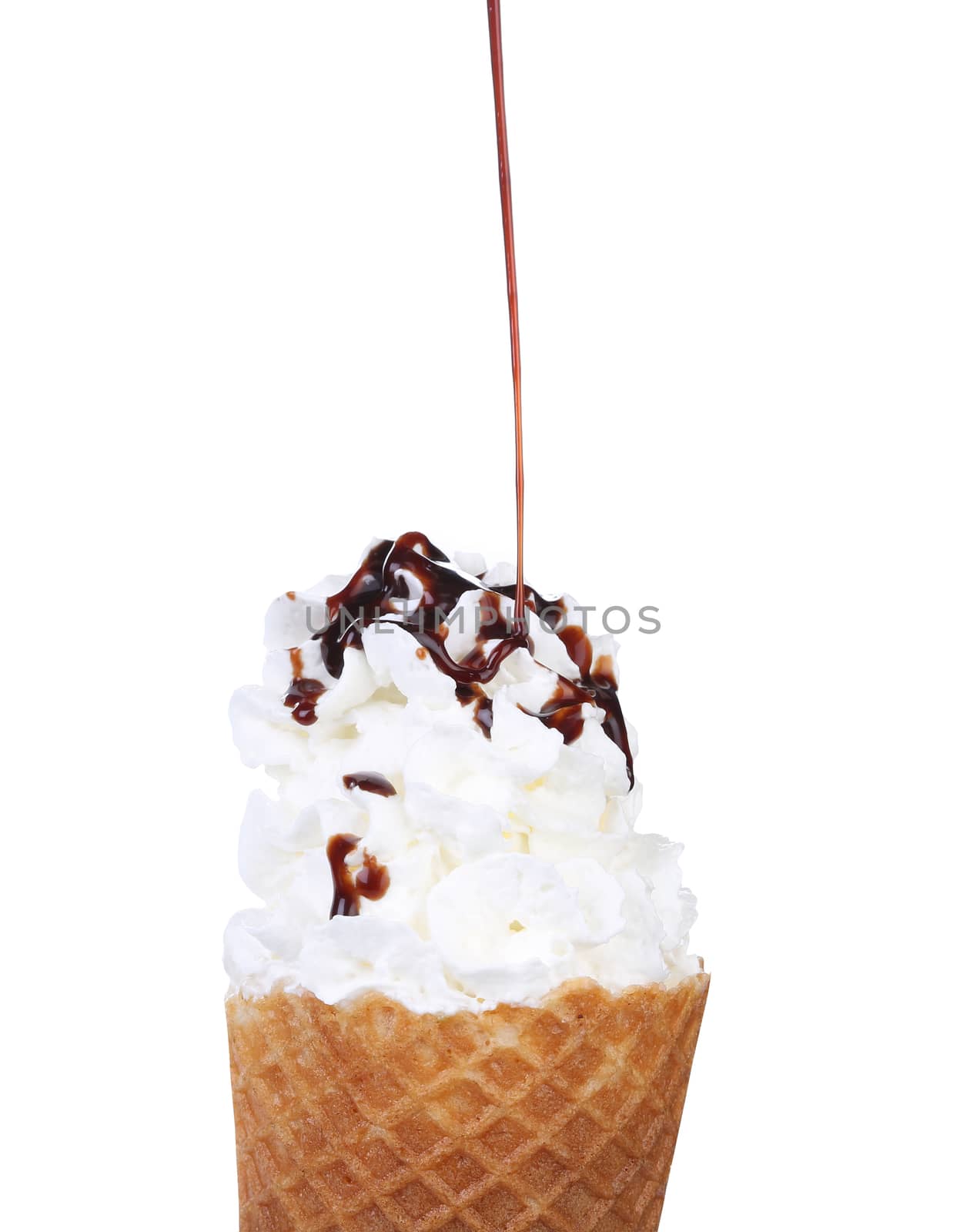 Soft serve ice cream. Topping chocolate. White background.