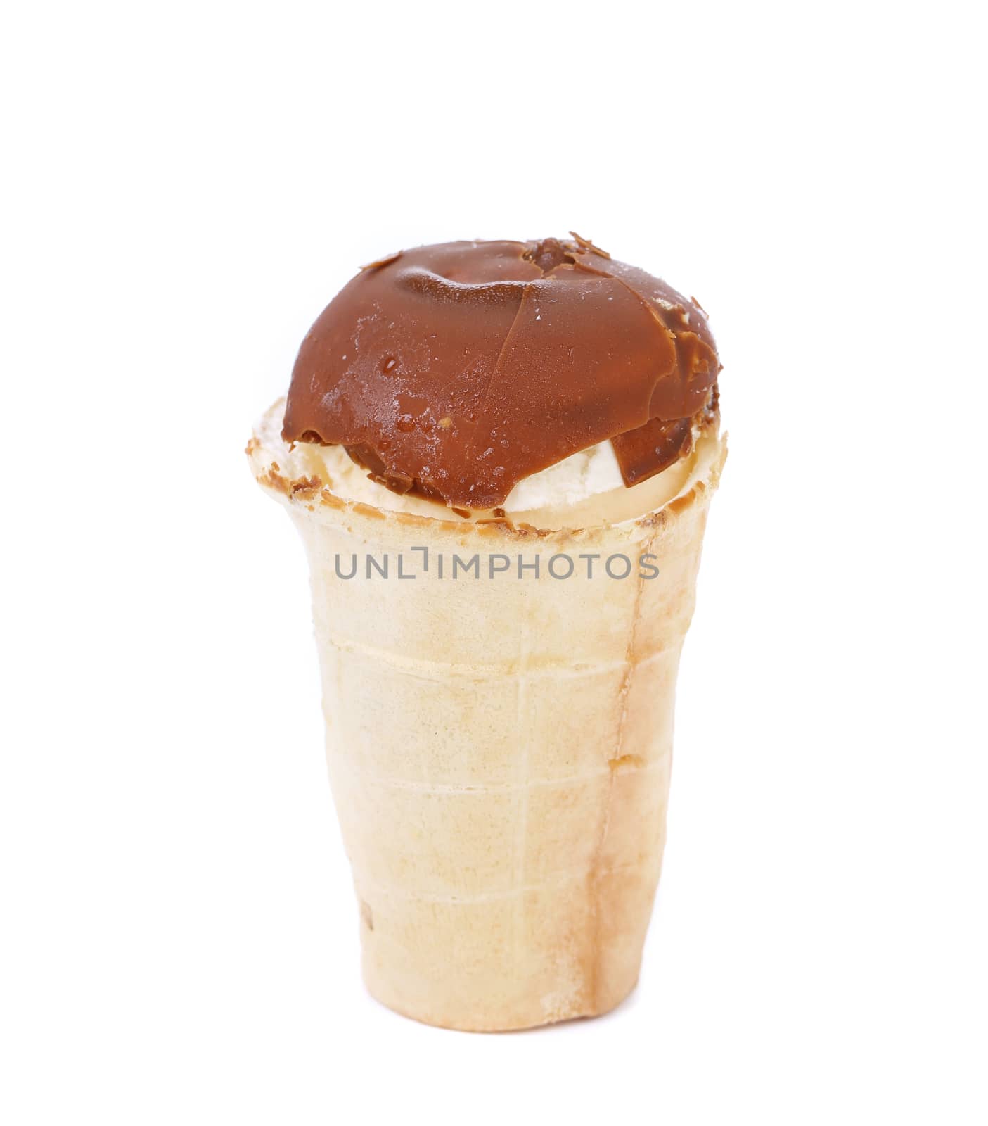 Waffle cup of chocolate ice cream isolated on white background