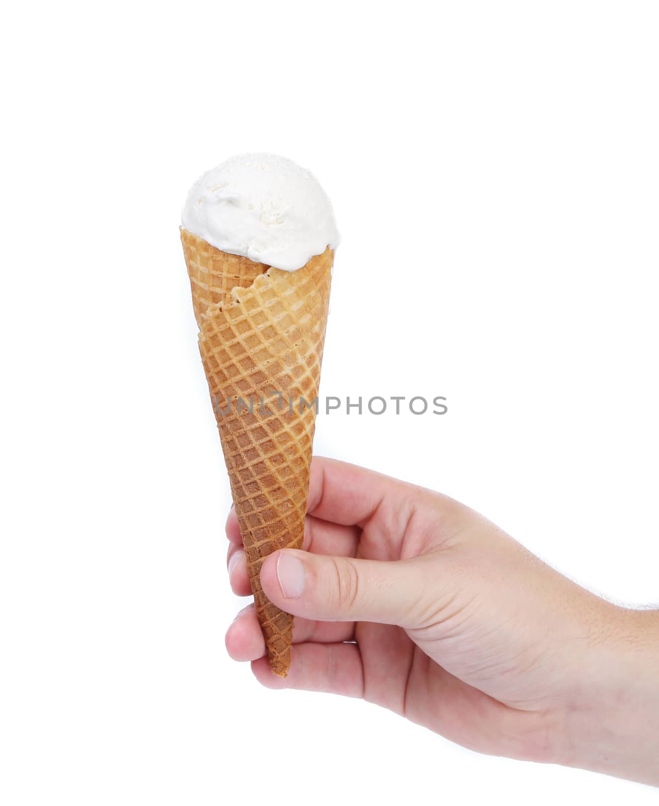 Hand holds cone vanille ice cream. White background.
