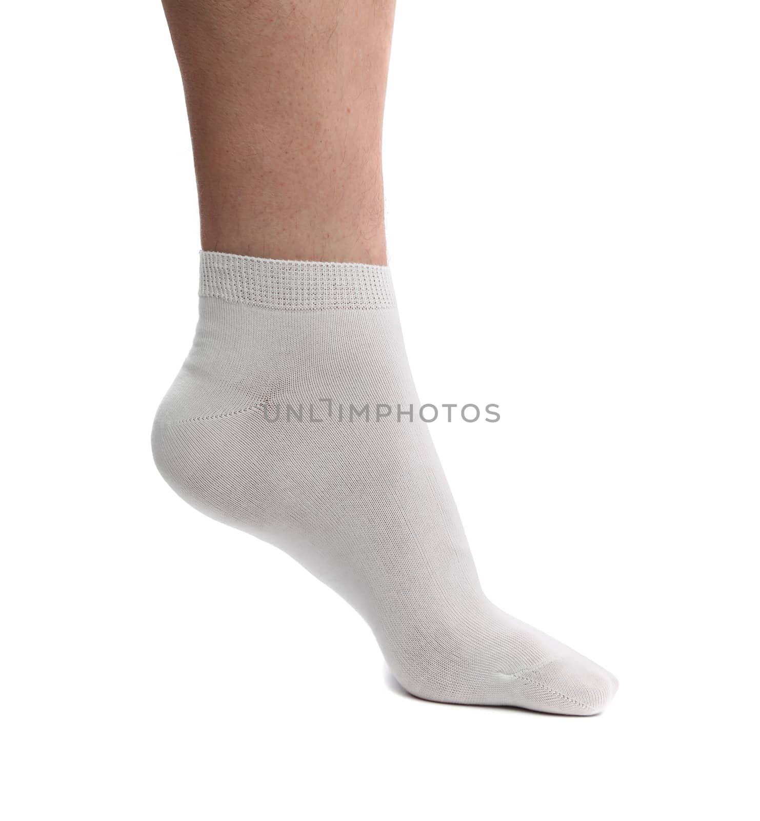 Sock on the foot. Close up. White background.