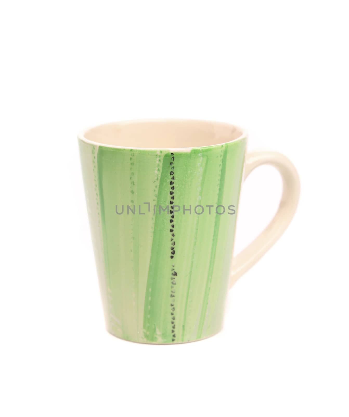 Empty white-green cup over white background. Isolated.