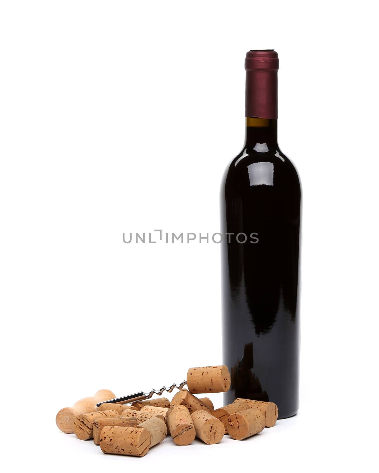 bottle of wine, corks and corkscrew isolated on the white background.