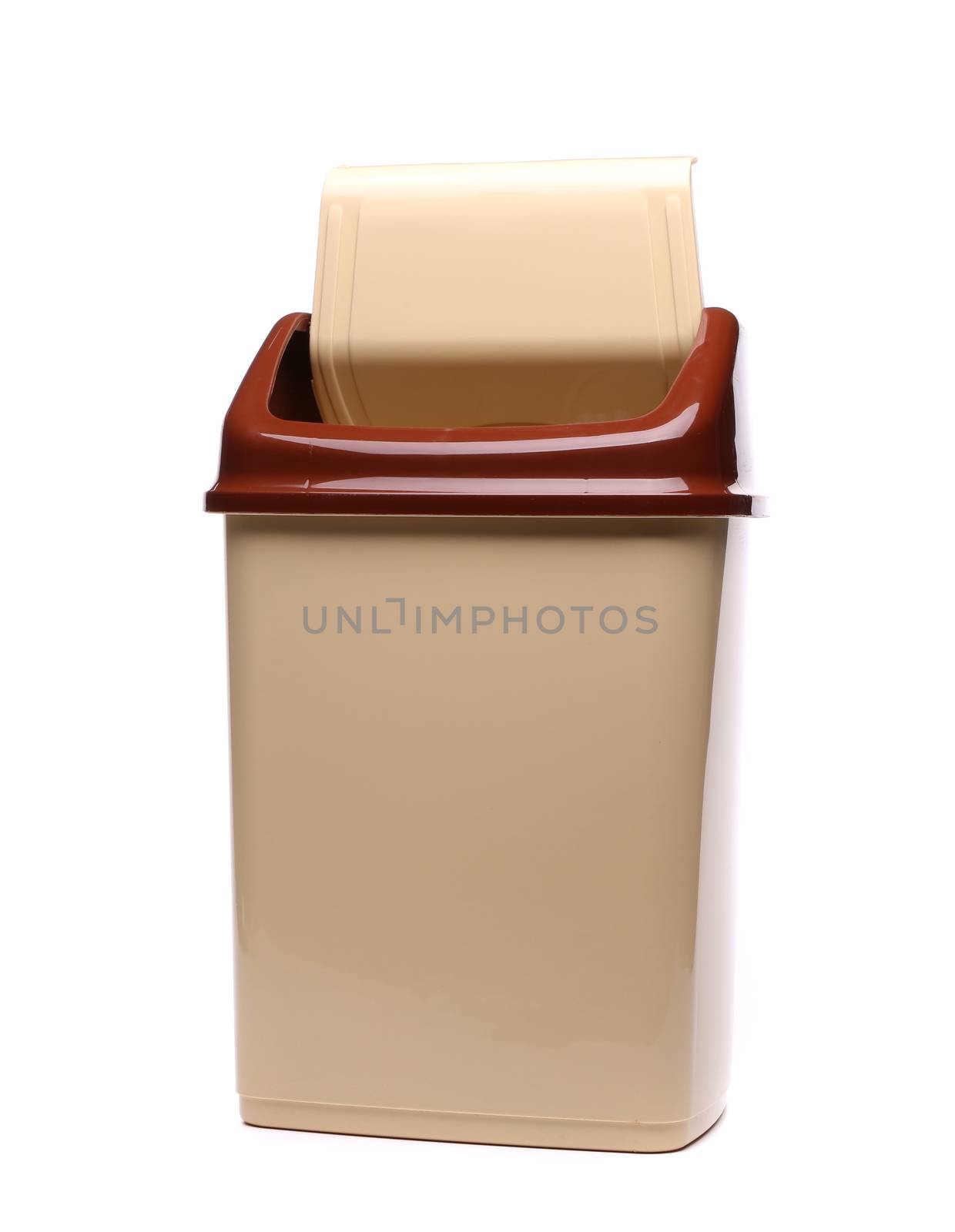 plastic trash can opened on a white background