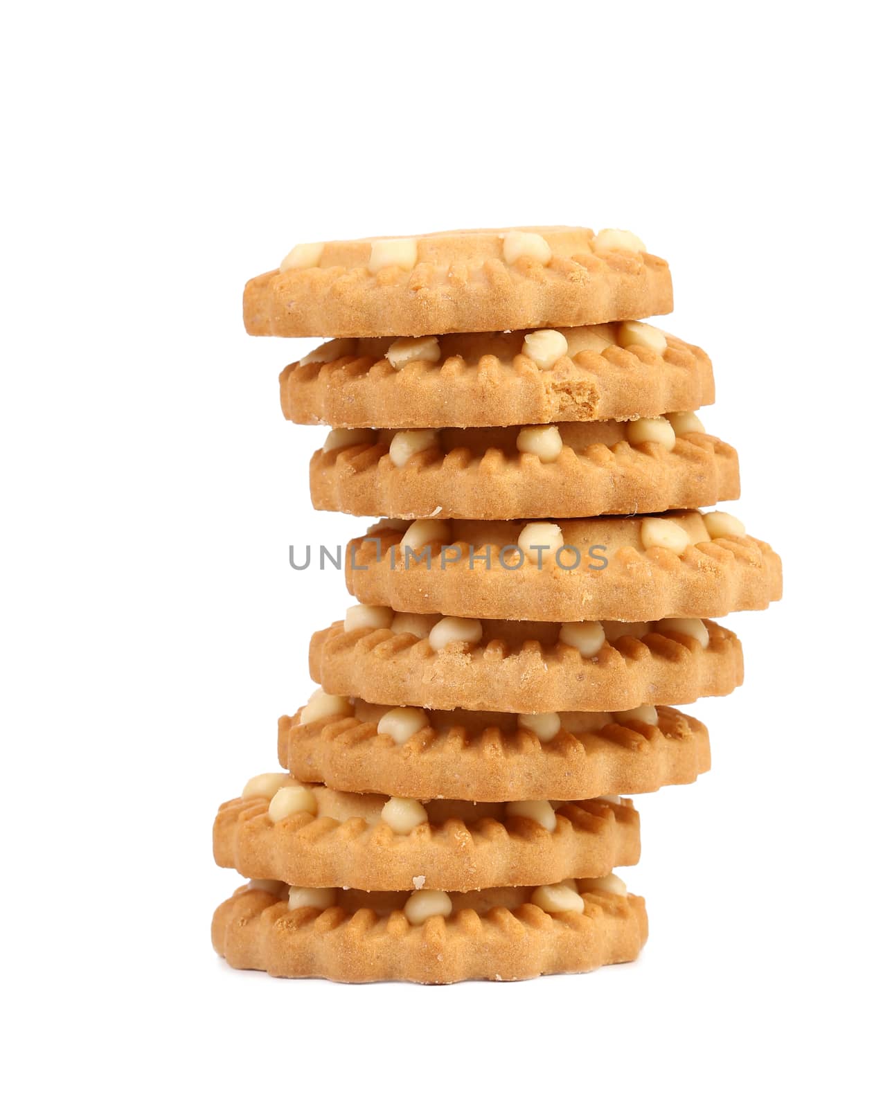 Stack of biscuits. Close up. White background.