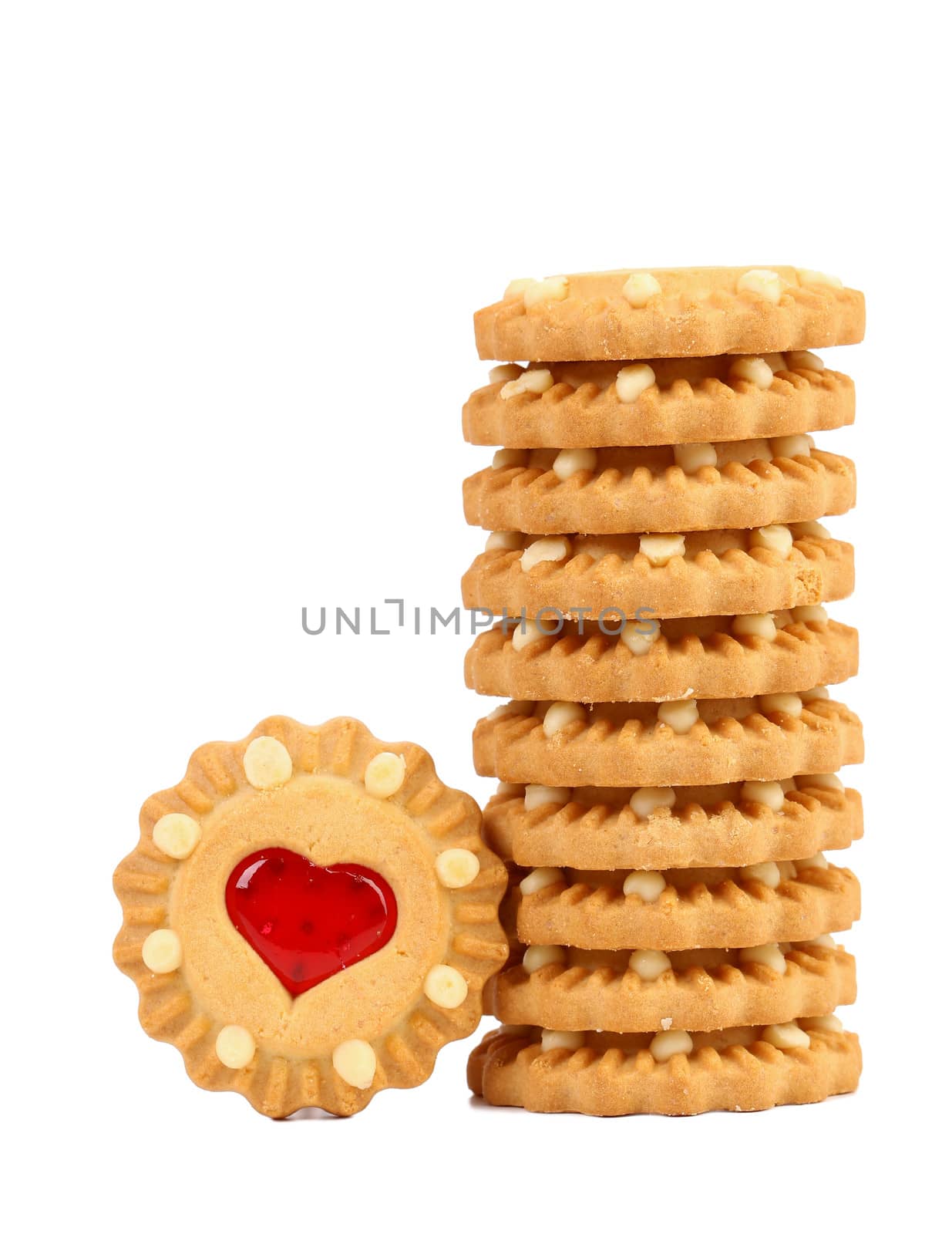Stack of heart biscuits. close up. White background.