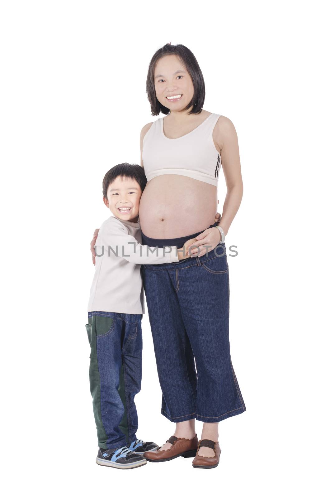 Pregnant Asian mother and her son