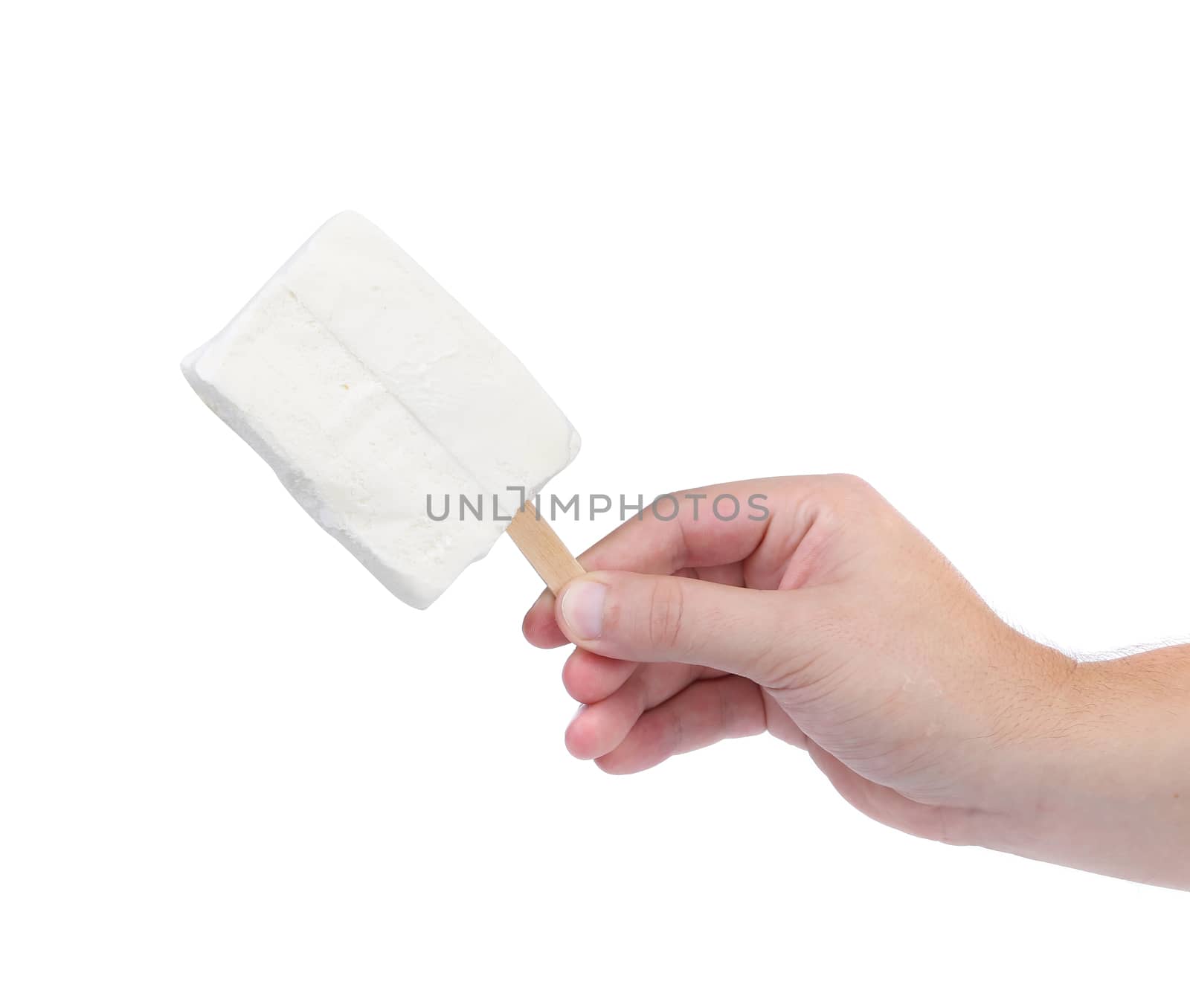 Hand holds white chocolate ice cream. White background.