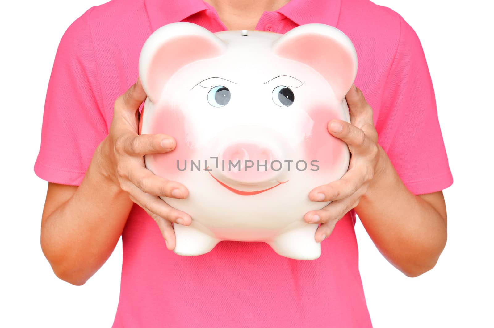 women hold Pink piggy bank on white background