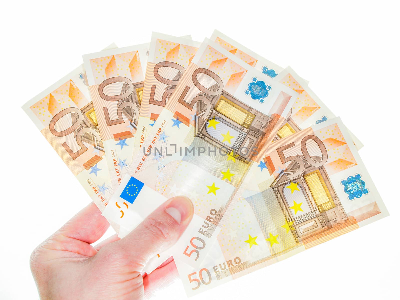 Male person handing over 50 euro bills towards white