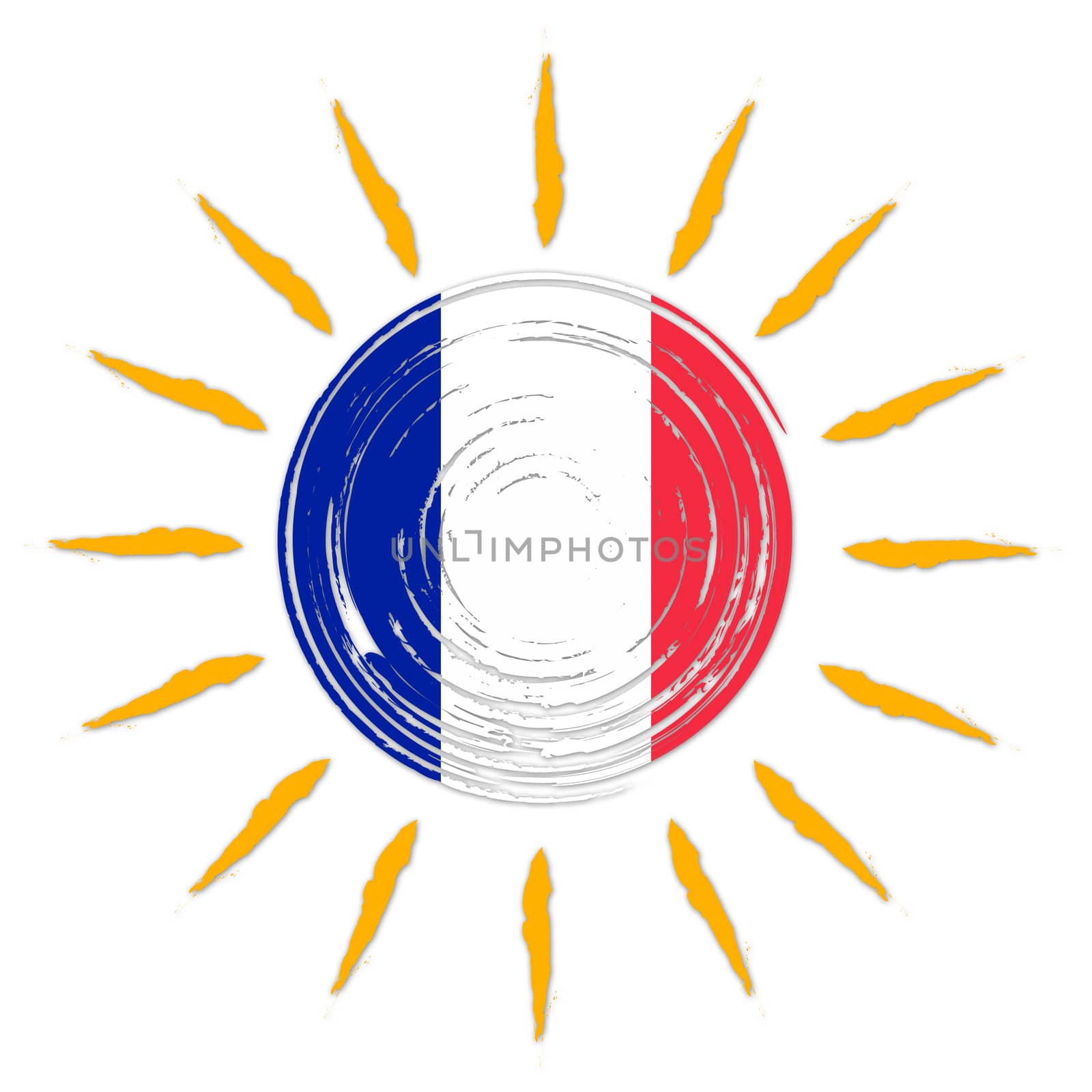 French flag in drawn sun with yellow rays isolated