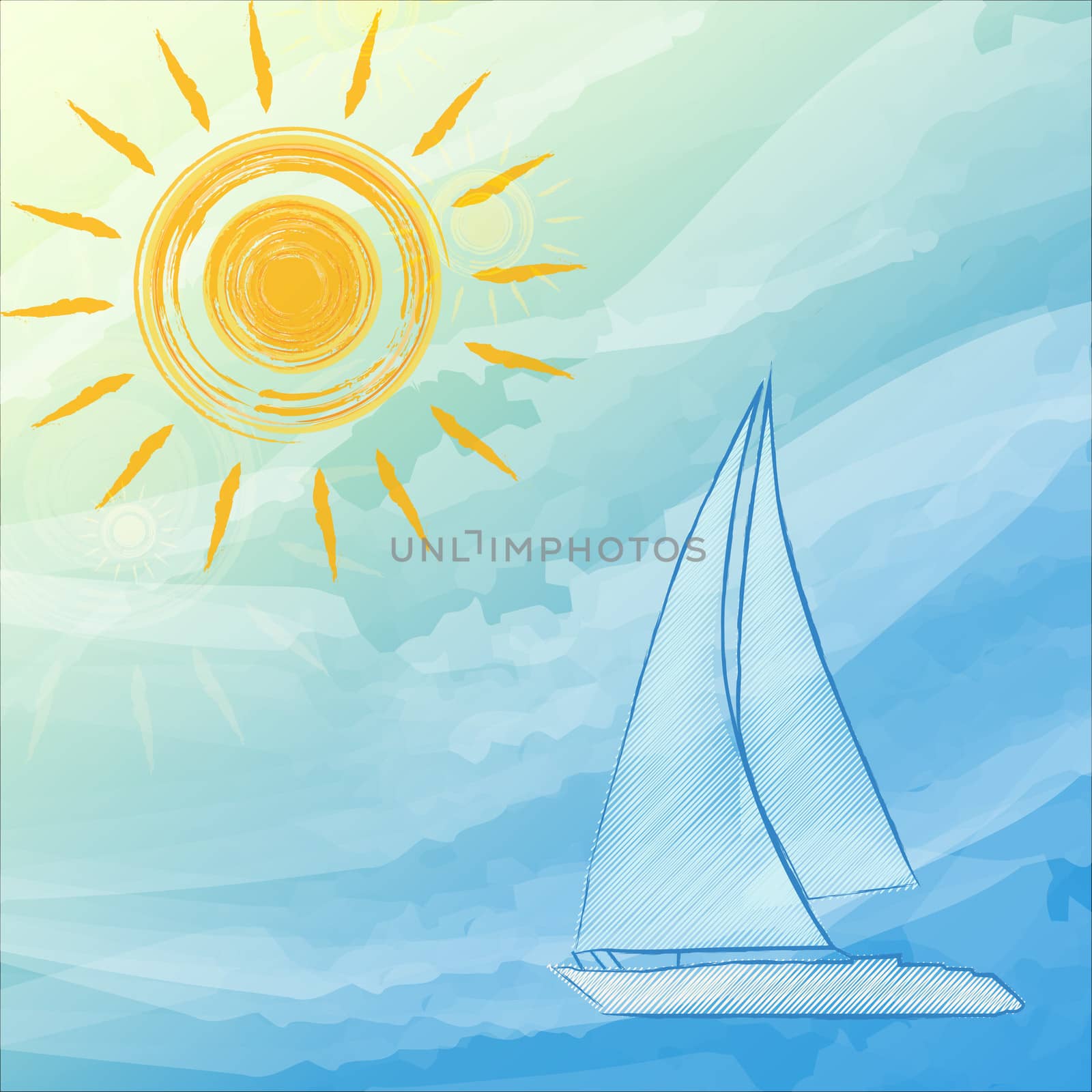 abstract summer background with drawn yellow suns and blue boat