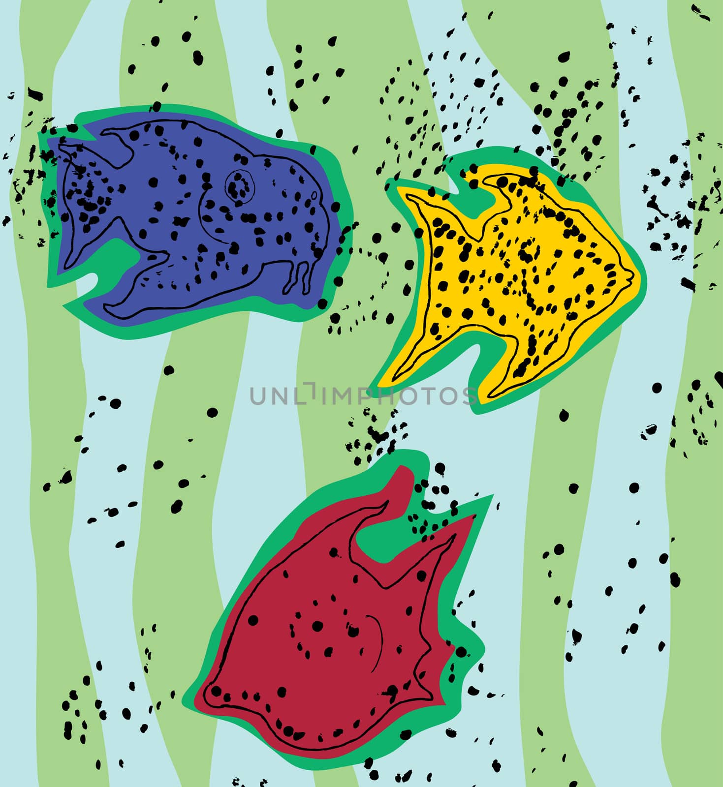 Three fish underwater in abstract ink spots