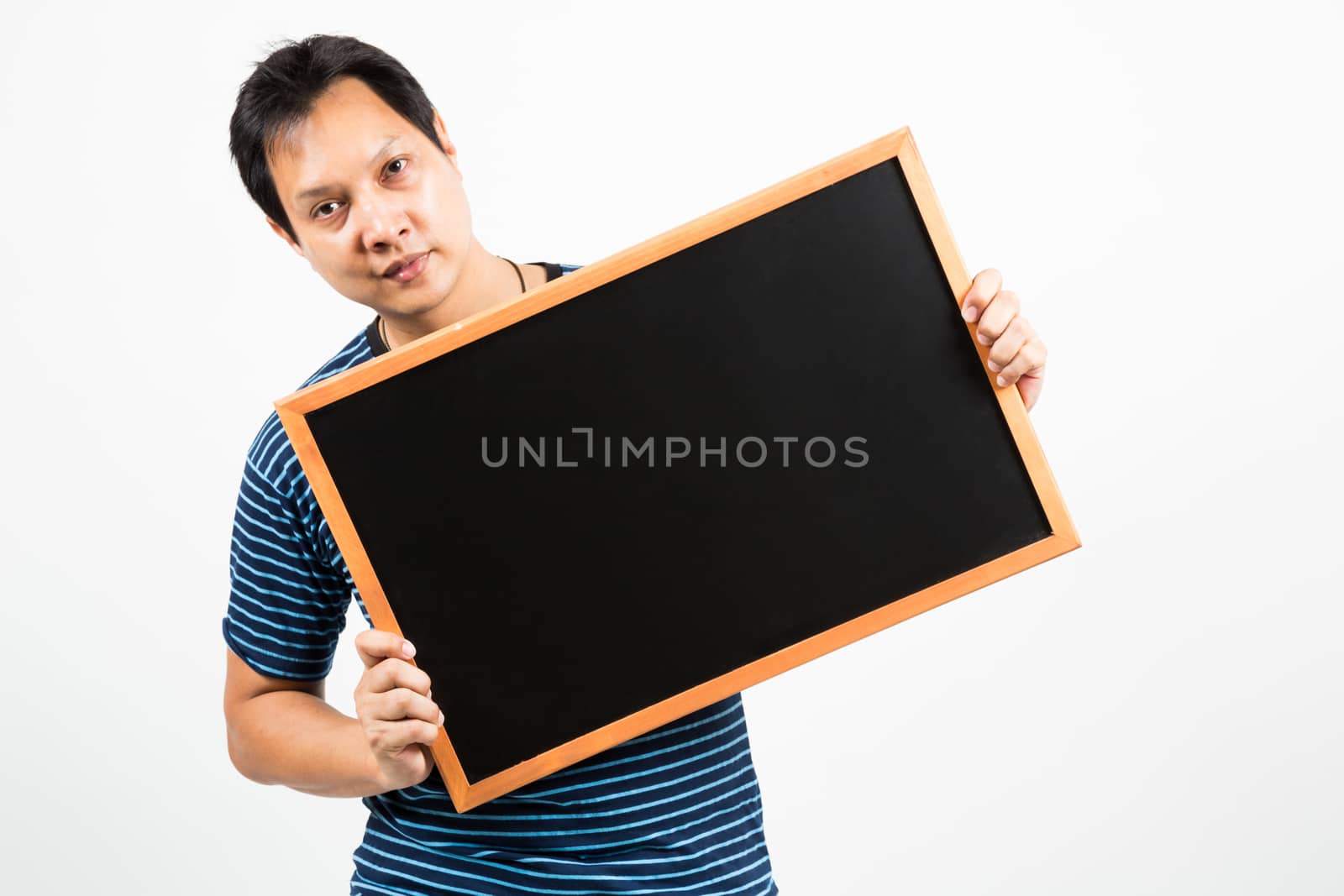 man holding blank banner blackboard