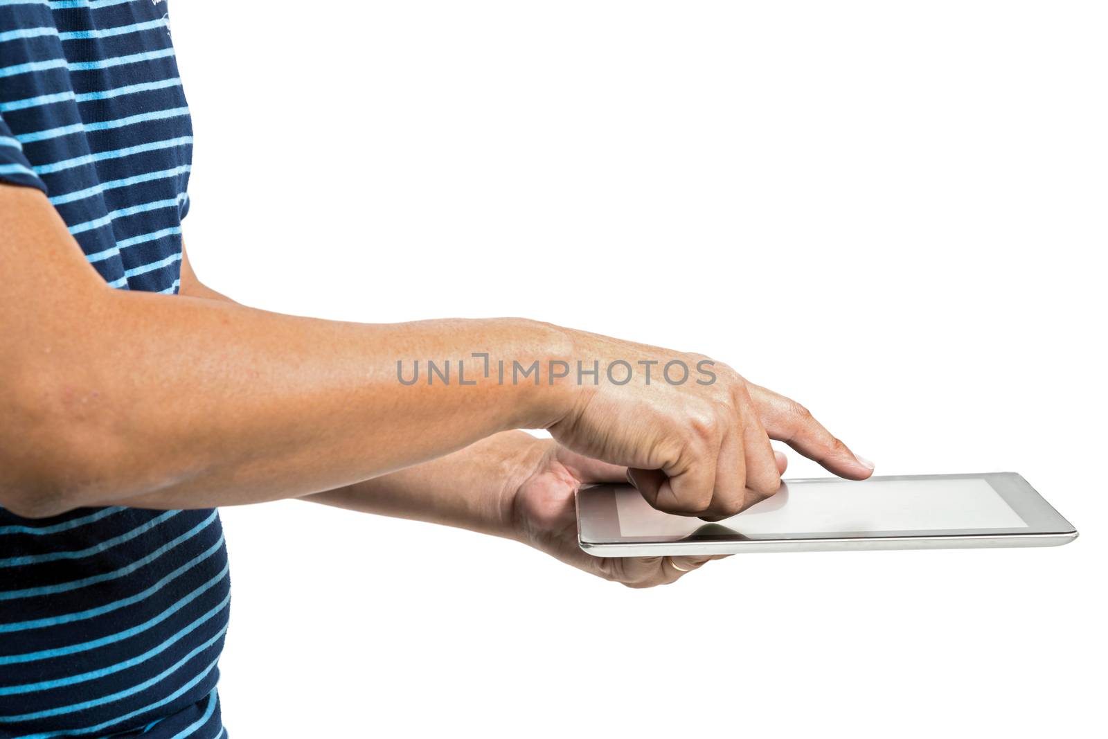 man Hand touching on Tablet computer