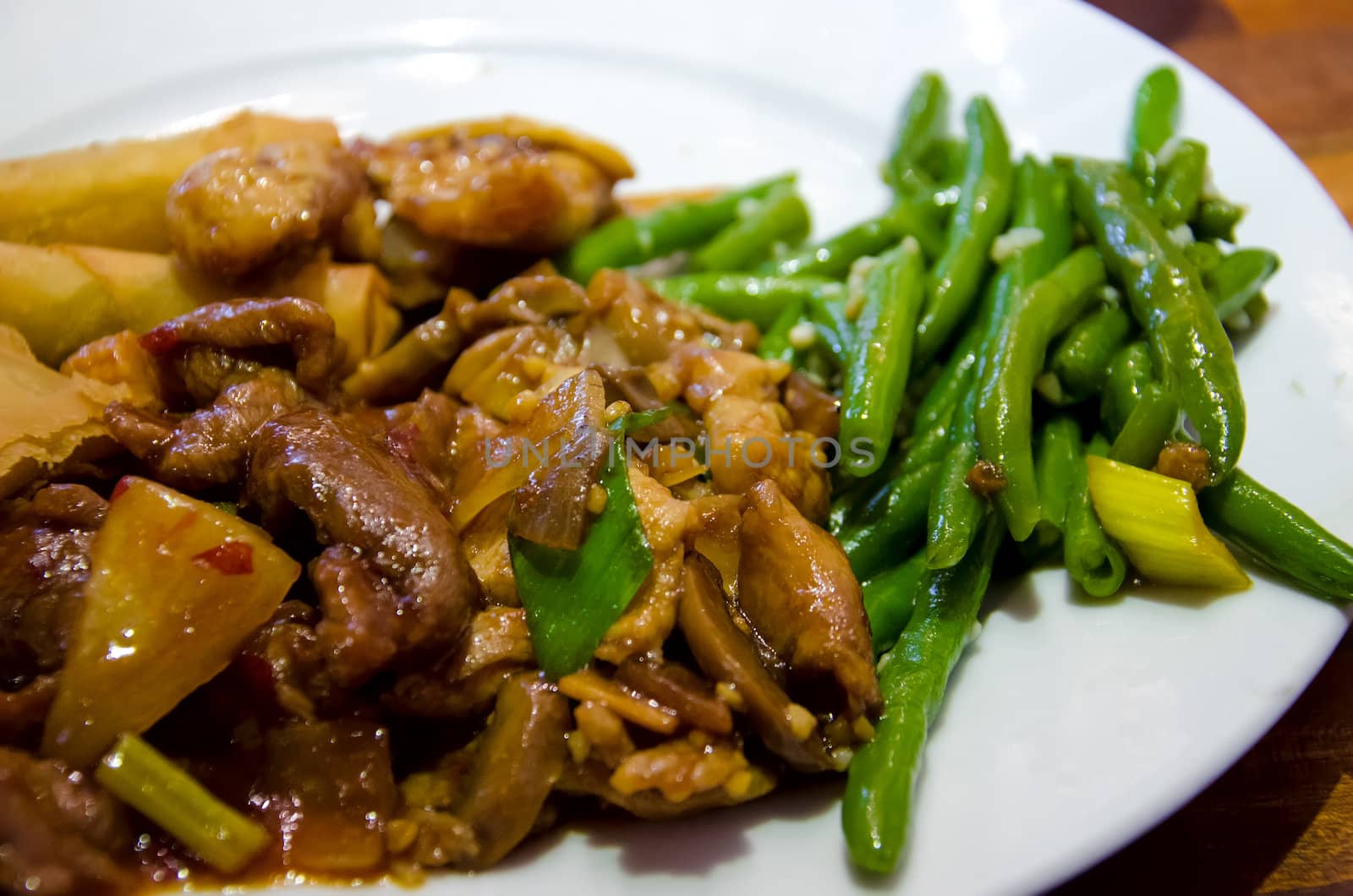 Meat with green beans in a Chinese restaurant.