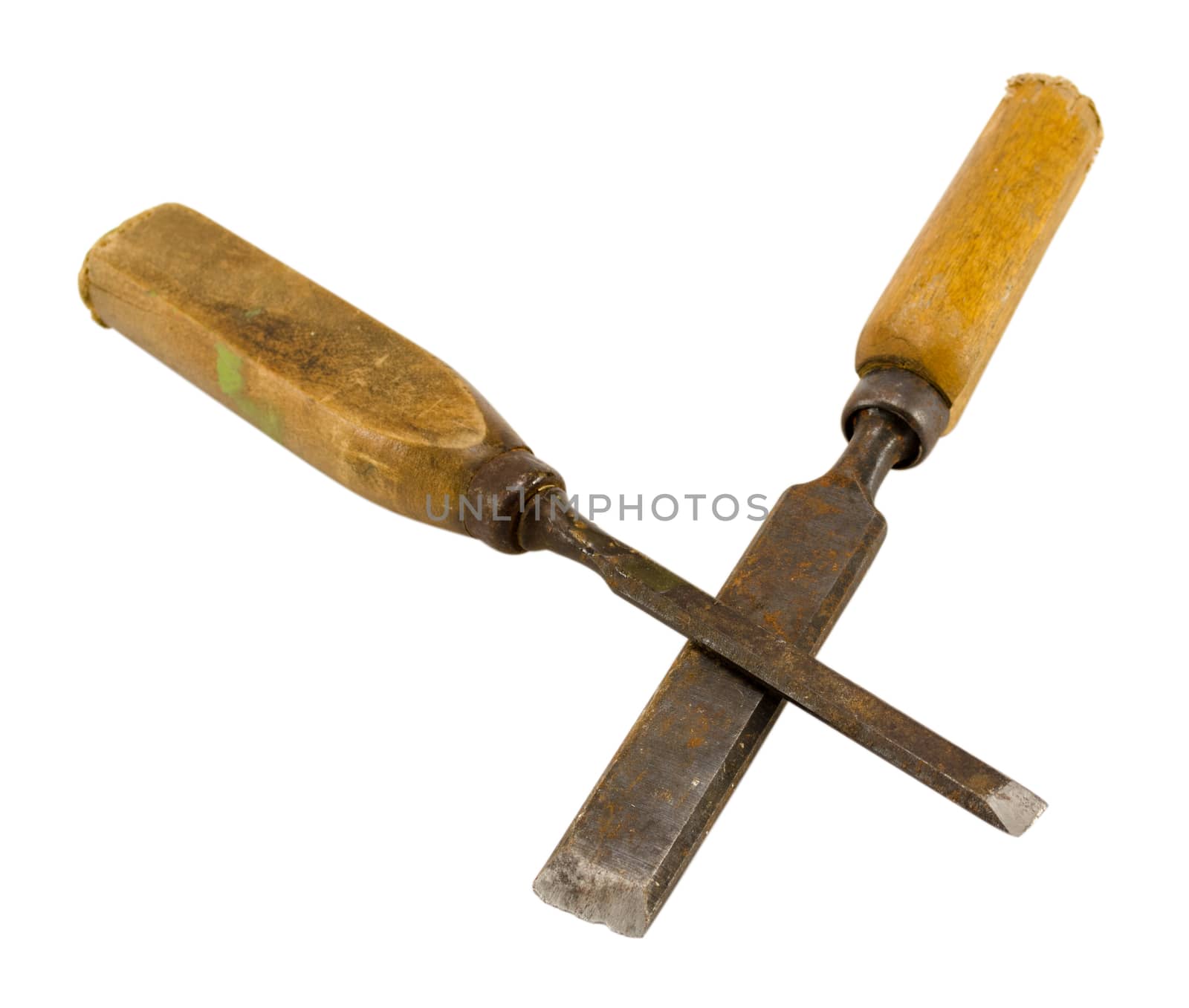 pair vintage rusty chisel graver carve tools with wooden handles isolated on white background.