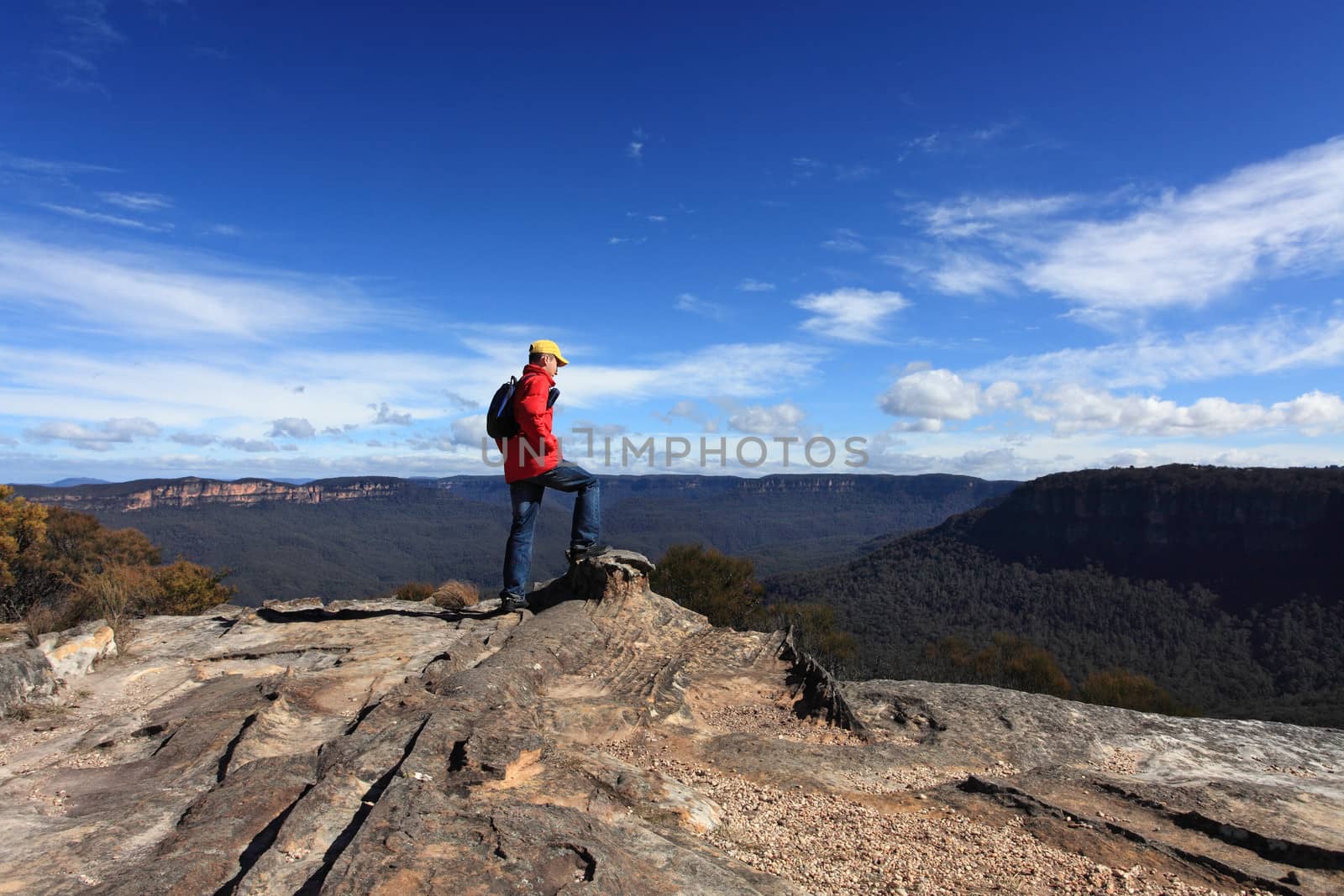 Bushwalker admiring the view from Flat Rock Wentworth Falls by lovleah