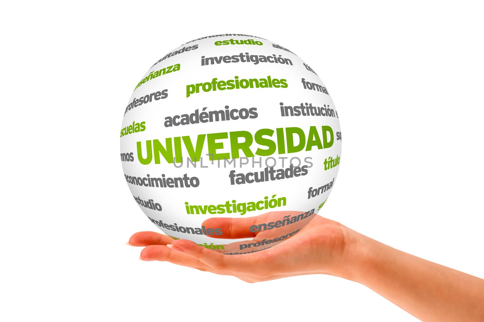 Hand holding a University 3D Sphere on white background.