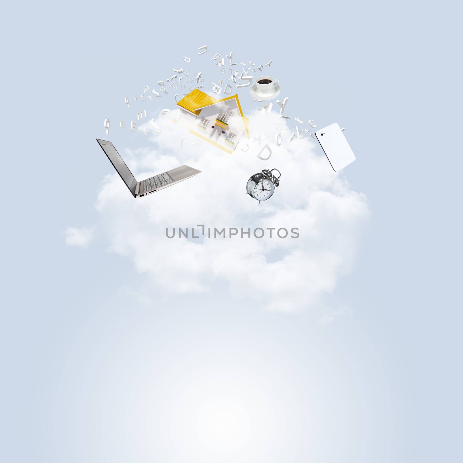 Abstract light blue background with various objects